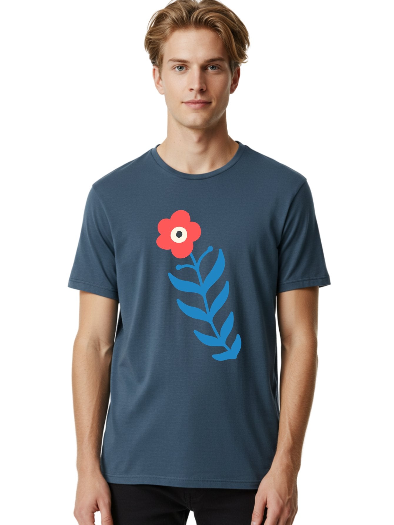 Flower-1 Men'S Graphic Tee, 100% Cotton, Comfortable Casual Summer Wear, Machine Washable, Pink Flower With Eye, Surreal Art, Abstract Design, Vibrant Petals, Blue Leaves, Minimalist Style, Quirky Illustration, Contemporary Artistry Aab721 22