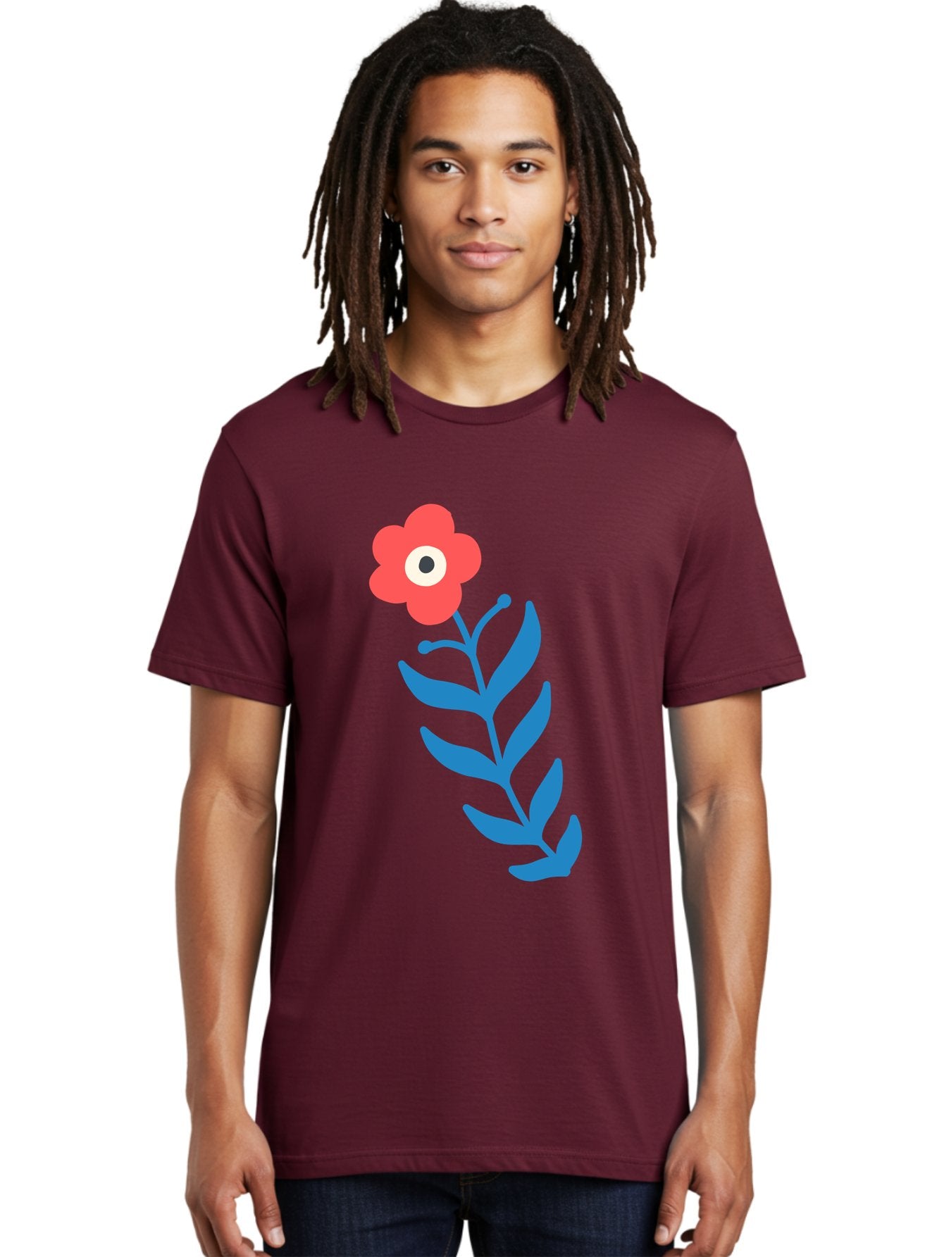 Flower-1 Men'S Graphic Tee, 100% Cotton, Comfortable Casual Summer Wear, Machine Washable, Pink Flower With Eye, Surreal Art, Abstract Design, Vibrant Petals, Blue Leaves, Minimalist Style, Quirky Illustration, Contemporary Artistry Aab721 21