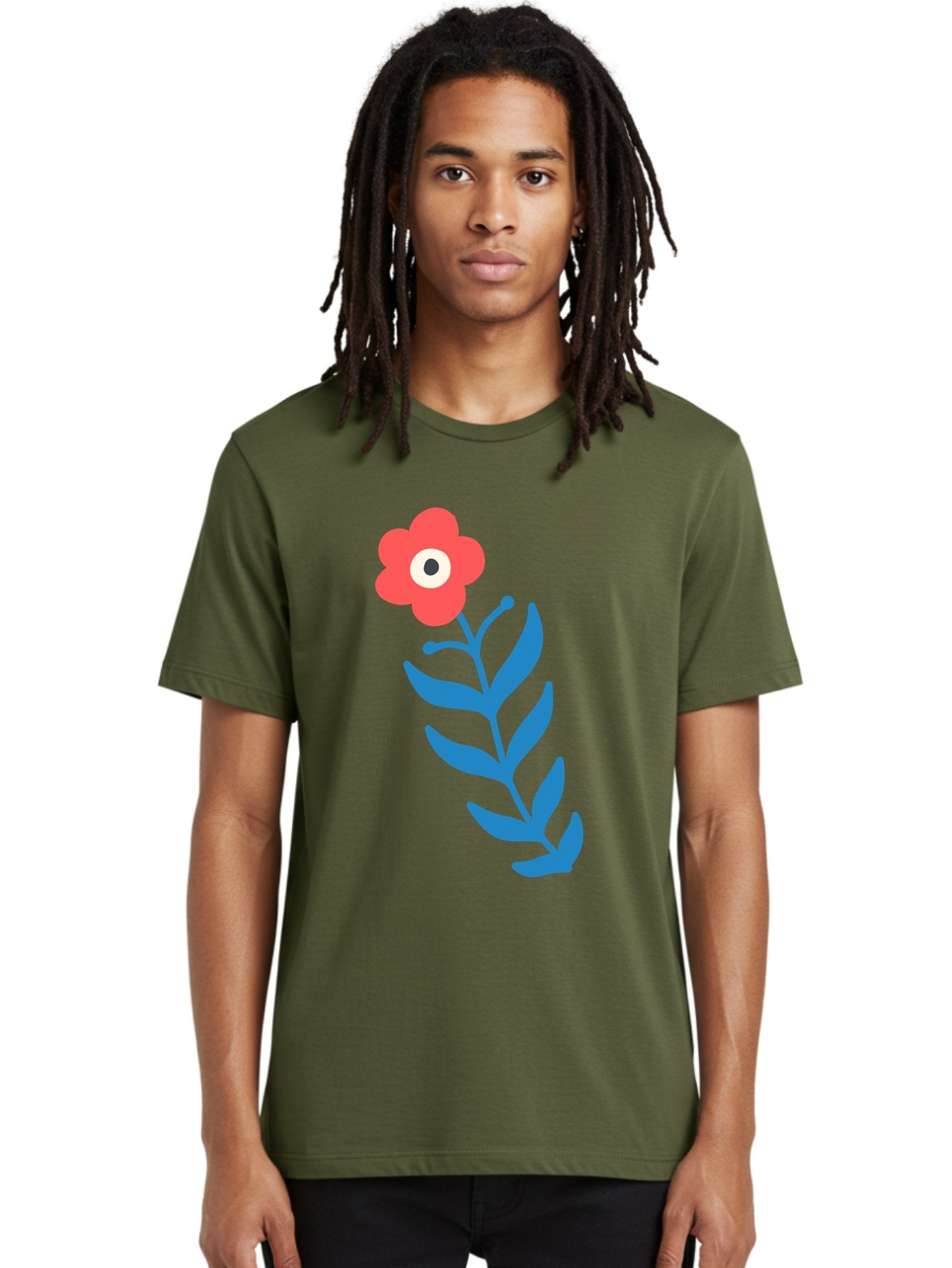 Flower-1 Men'S Graphic Tee, 100% Cotton, Comfortable Casual Summer Wear, Machine Washable, Pink Flower With Eye, Surreal Art, Abstract Design, Vibrant Petals, Blue Leaves, Minimalist Style, Quirky Illustration, Contemporary Artistry Aab721 20