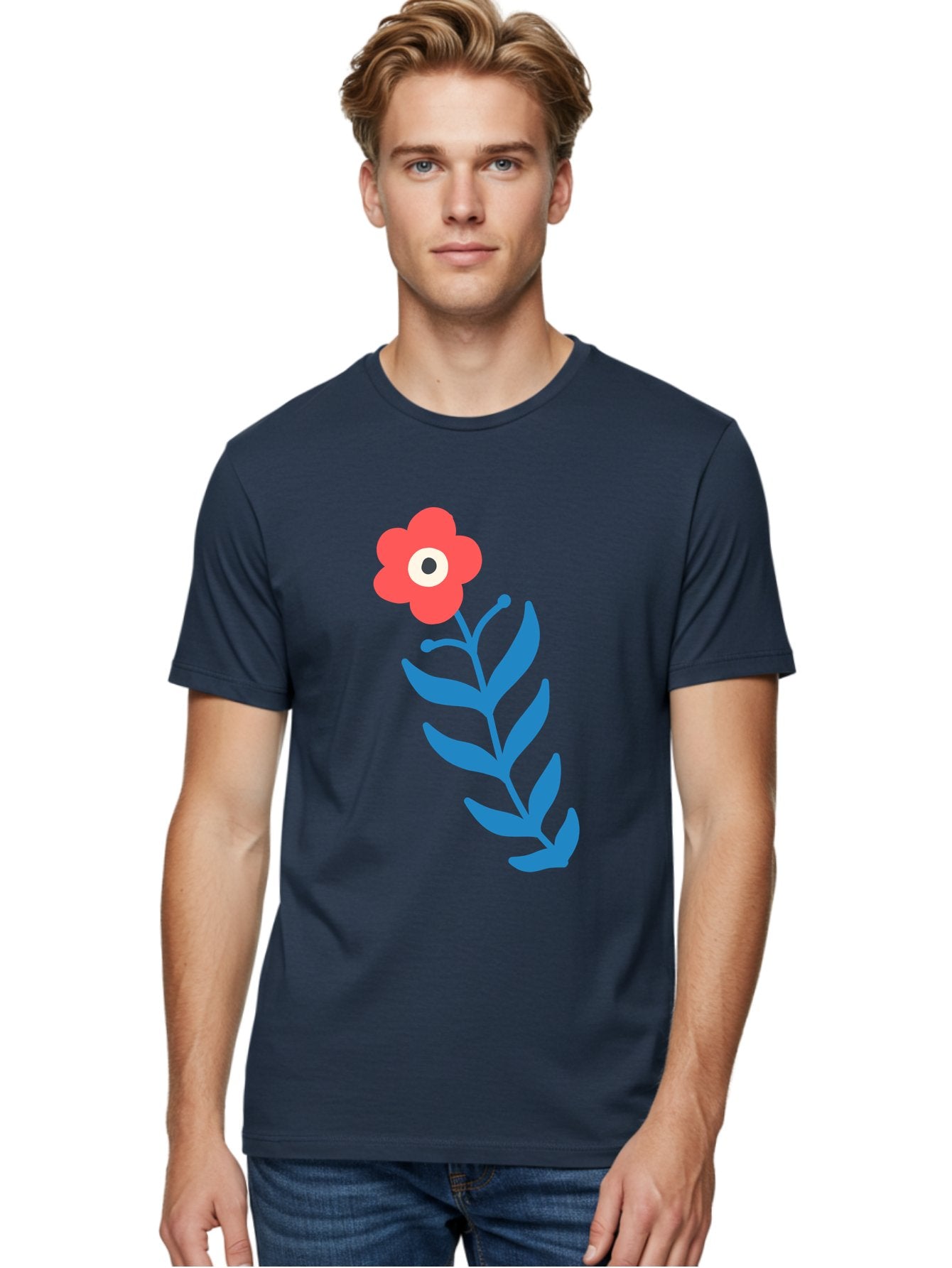 Flower-1 Men'S Graphic Tee, 100% Cotton, Comfortable Casual Summer Wear, Machine Washable, Pink Flower With Eye, Surreal Art, Abstract Design, Vibrant Petals, Blue Leaves, Minimalist Style, Quirky Illustration, Contemporary Artistry Aab721 16