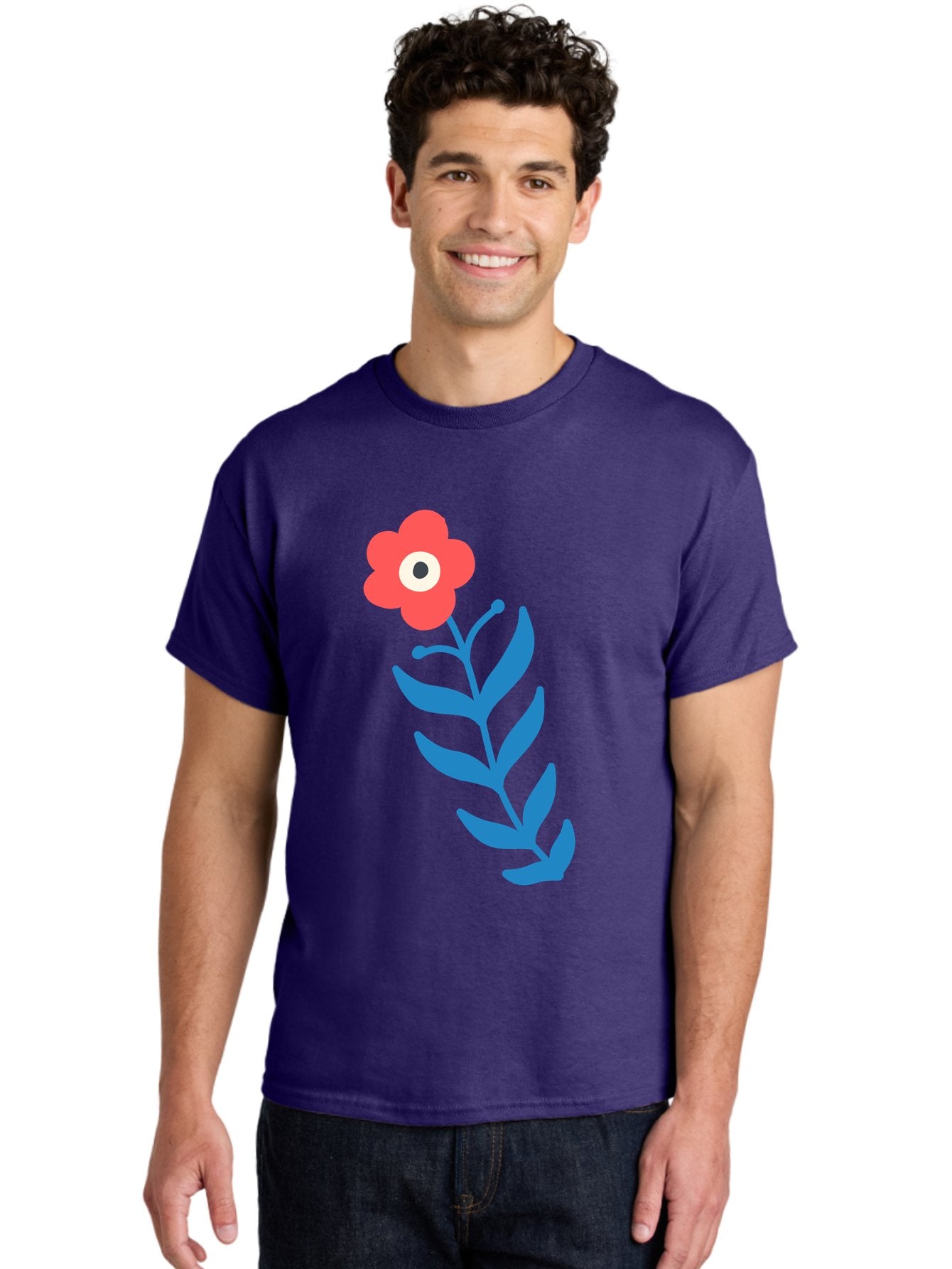 Flower-1 Men'S Graphic Tee, 100% Cotton, Comfortable Casual Summer Wear, Machine Washable, Pink Flower With Eye, Surreal Art, Abstract Design, Vibrant Petals, Blue Leaves, Minimalist Style, Quirky Illustration, Contemporary Artistry Aab721 19