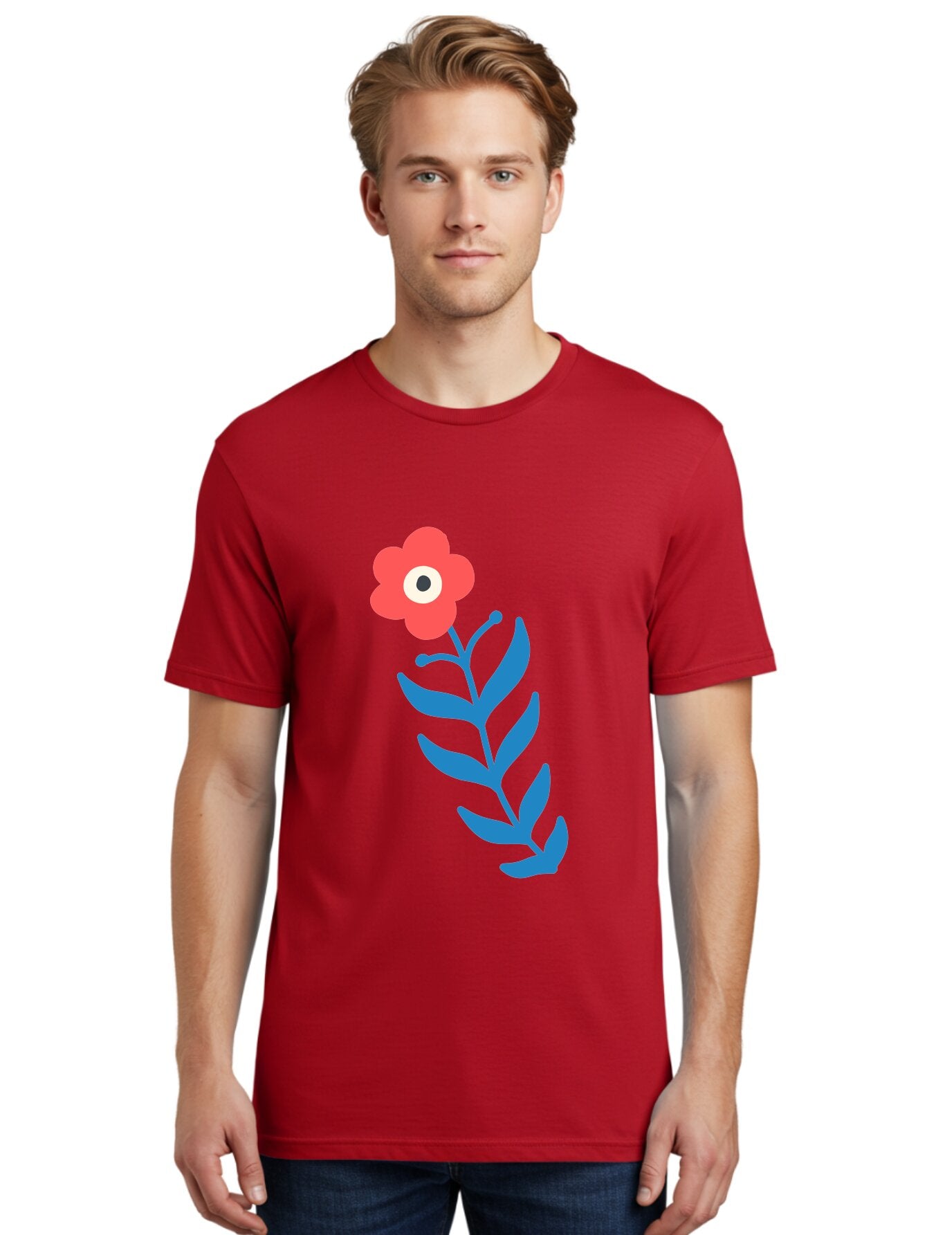 Flower-1 Men'S Graphic Tee, 100% Cotton, Comfortable Casual Summer Wear, Machine Washable, Pink Flower With Eye, Surreal Art, Abstract Design, Vibrant Petals, Blue Leaves, Minimalist Style, Quirky Illustration, Contemporary Artistry Aab721 23