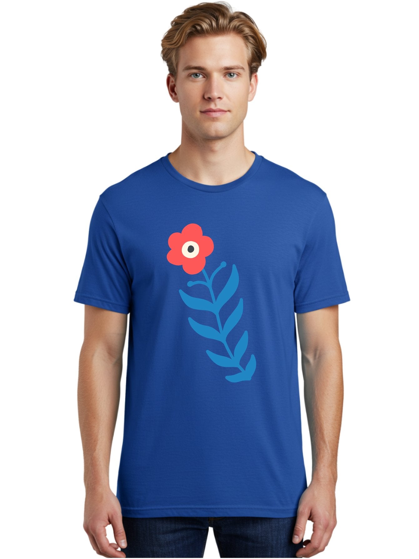 Flower-1 Men'S Graphic Tee, 100% Cotton, Comfortable Casual Summer Wear, Machine Washable, Pink Flower With Eye, Surreal Art, Abstract Design, Vibrant Petals, Blue Leaves, Minimalist Style, Quirky Illustration, Contemporary Artistry Aab721 25