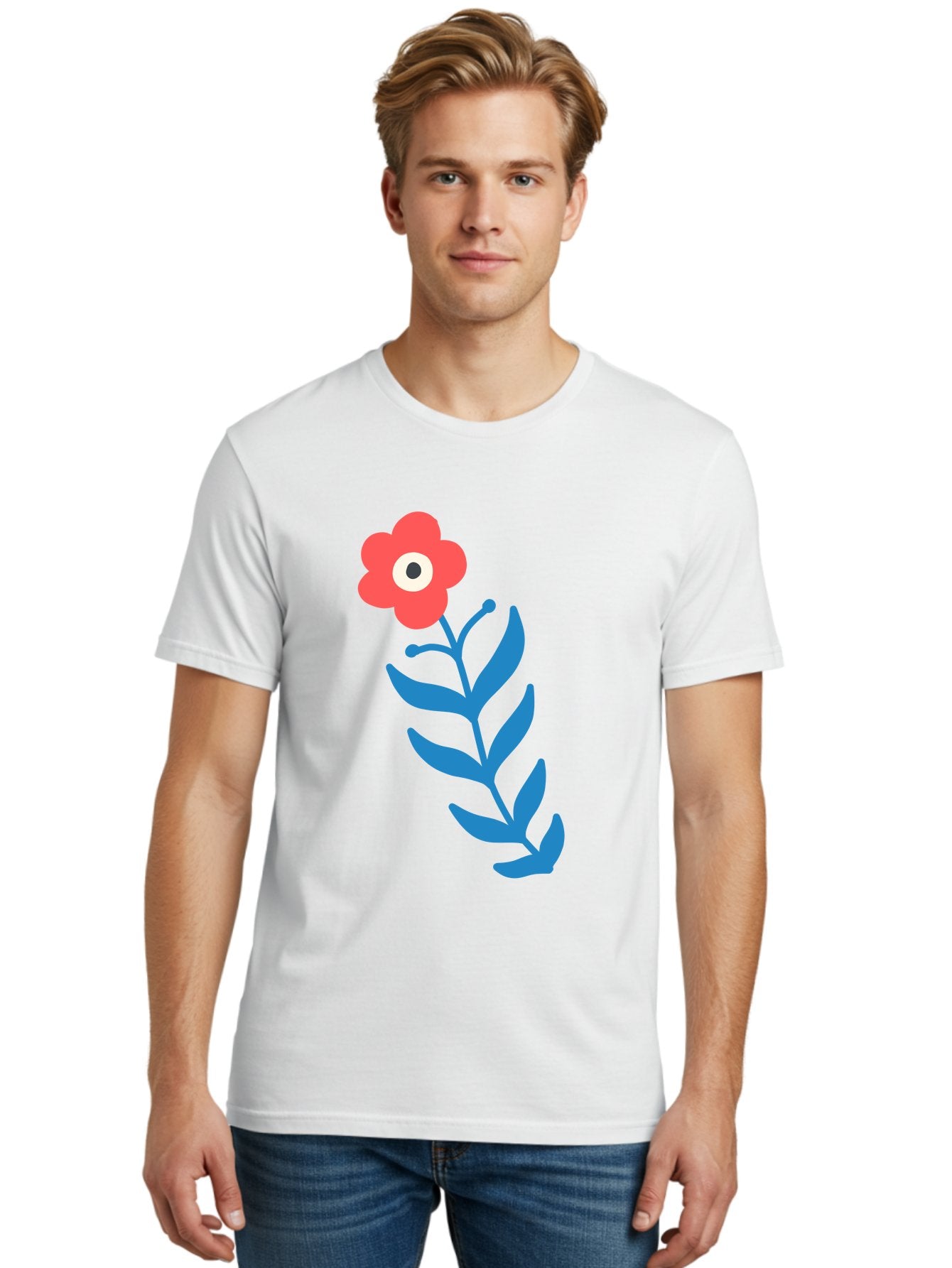 Flower-1 Men'S Graphic Tee, 100% Cotton, Comfortable Casual Summer Wear, Machine Washable, Pink Flower With Eye, Surreal Art, Abstract Design, Vibrant Petals, Blue Leaves, Minimalist Style, Quirky Illustration, Contemporary Artistry Aab721 17