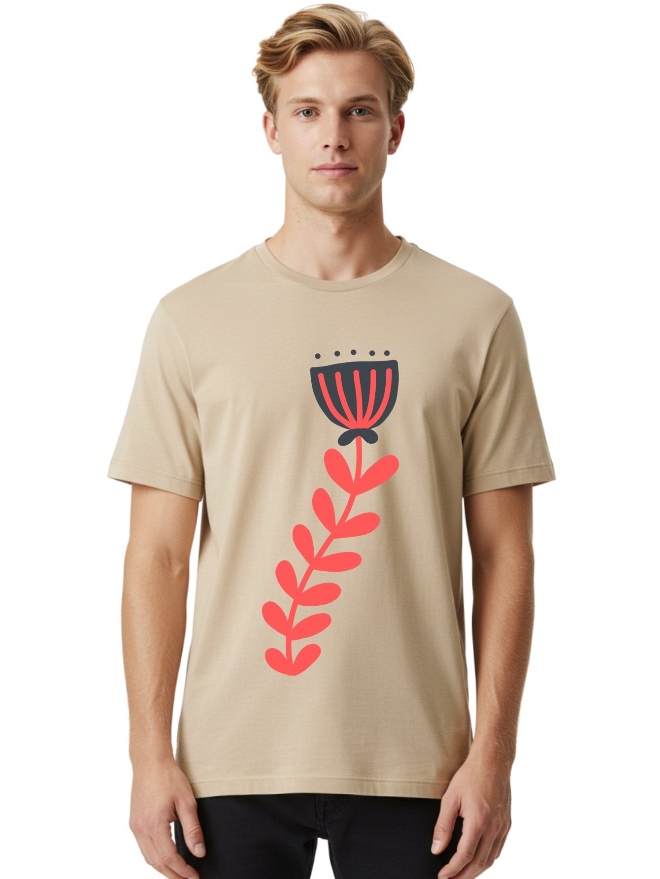 Flower-3 Men'S Graphic Tee, 100% Cotton, Comfortable Casual Summer Wear, Machine Washable, Simple Flower Illustration, Pink And Black Flower, Minimalist Design, Bold Lines, Graphic Art, Floral Motif, Modern Style Aab723 29