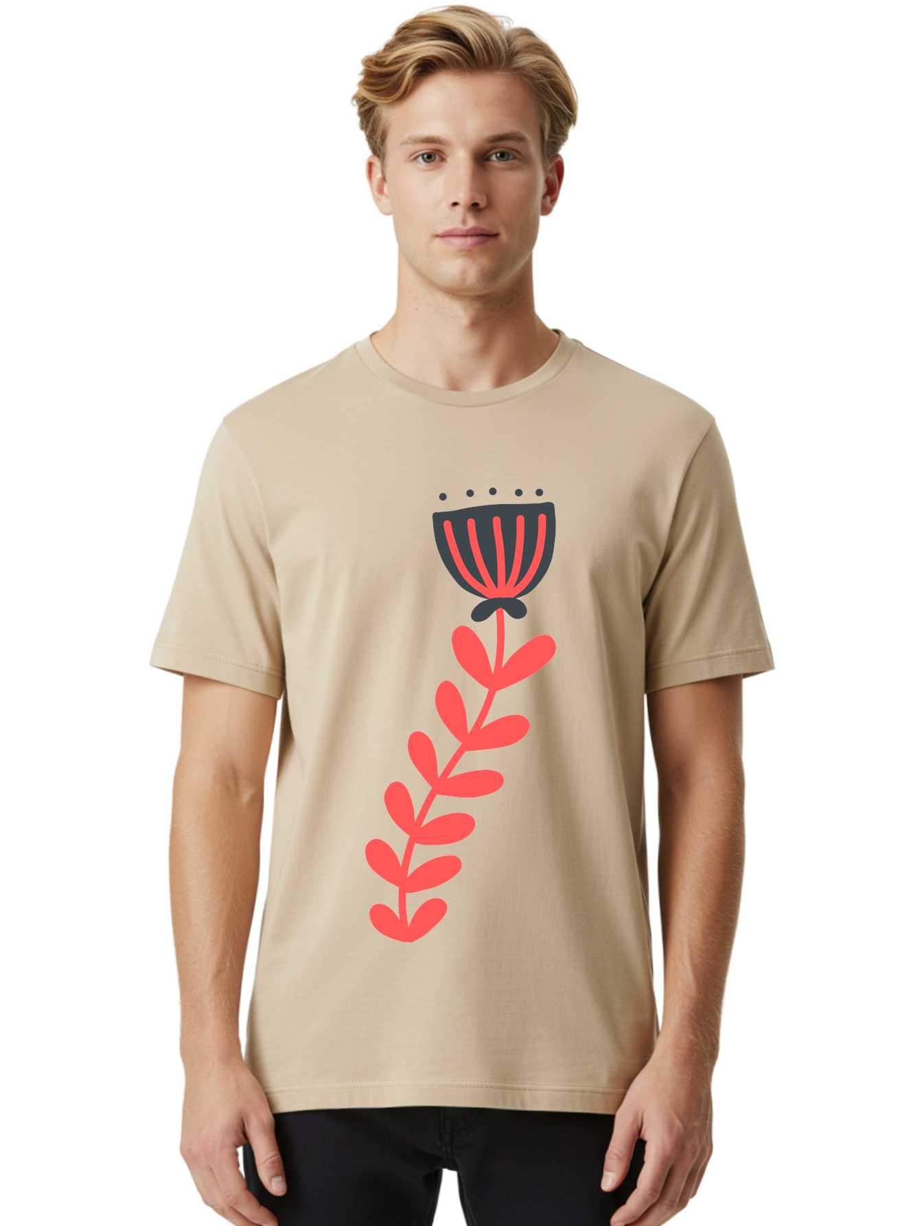 Flower-3 Men'S Graphic Tee, 100% Cotton, Comfortable Casual Summer Wear, Machine Washable, Simple Flower Illustration, Pink And Black Flower, Minimalist Design, Bold Lines, Graphic Art, Floral Motif, Modern Style Aab723 4