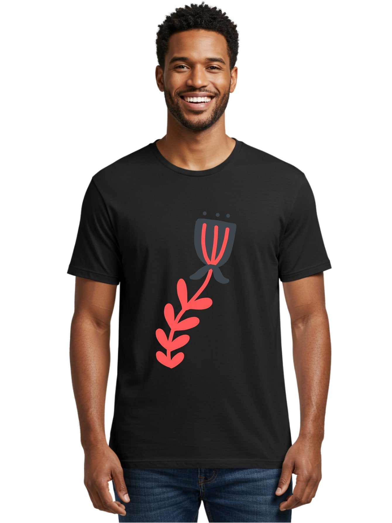 Flower-4 Men'S Graphic Tee, 100% Cotton, Comfortable Casual Summer Wear, Machine Washable, Stylized Tulip, Simple Design, Minimalist Art, Pink And Black, Floral Theme, Abstract Flower Aab724 21