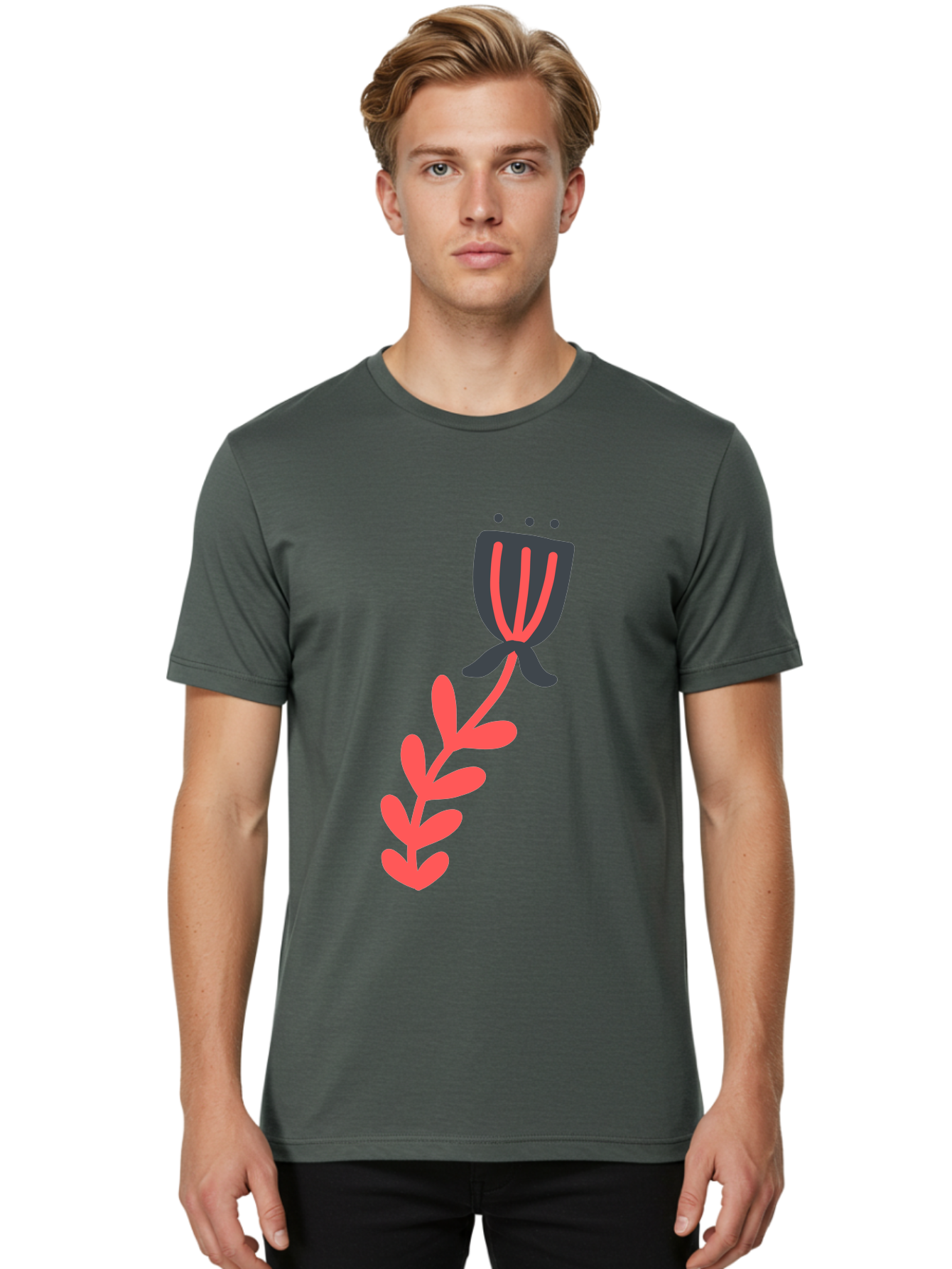 Flower-4 Men'S Graphic Tee, 100% Cotton, Comfortable Casual Summer Wear, Machine Washable, Stylized Tulip, Simple Design, Minimalist Art, Pink And Black, Floral Theme, Abstract Flower Aab724 26