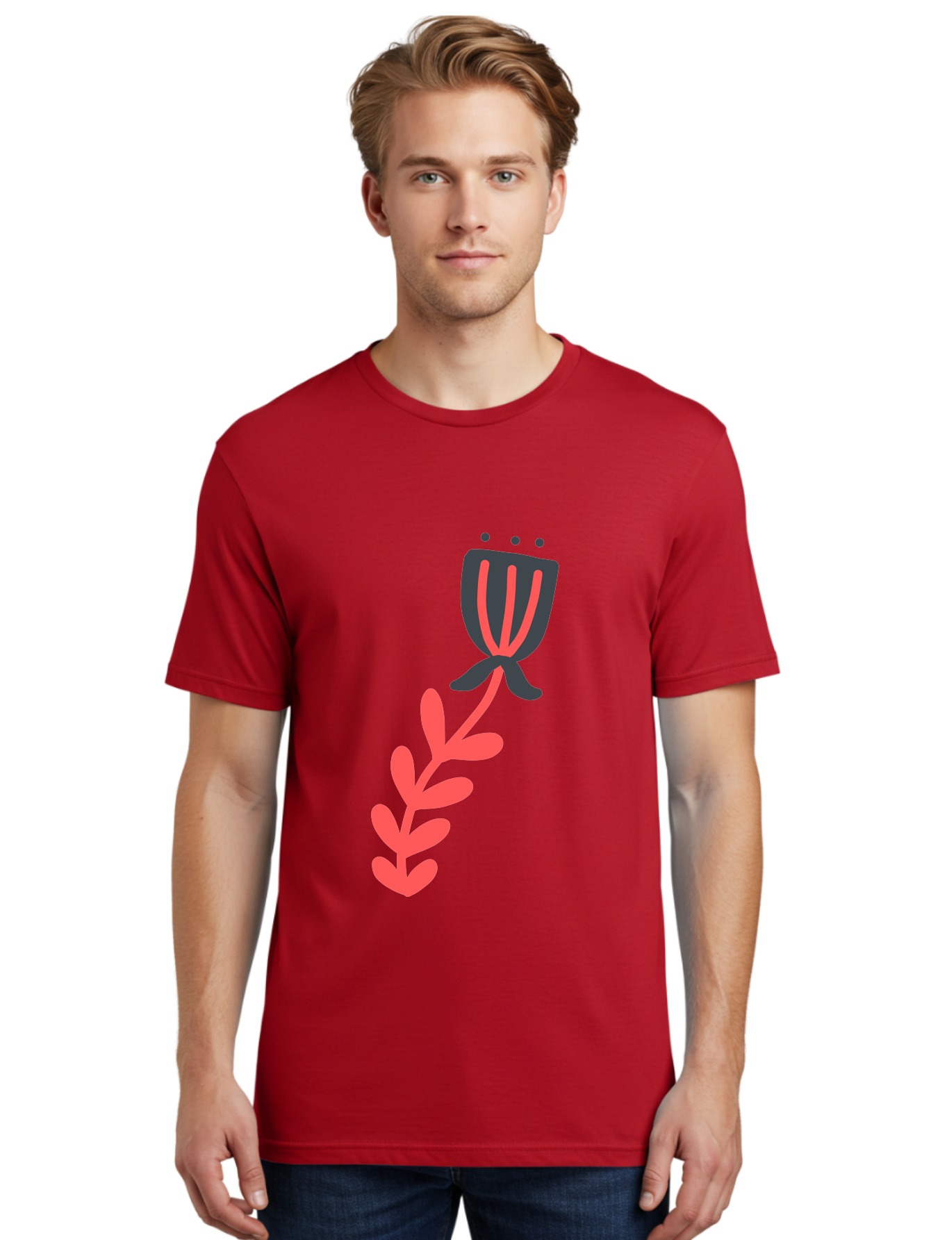 Flower-4 Men'S Graphic Tee, 100% Cotton, Comfortable Casual Summer Wear, Machine Washable, Stylized Tulip, Simple Design, Minimalist Art, Pink And Black, Floral Theme, Abstract Flower Aab724 24