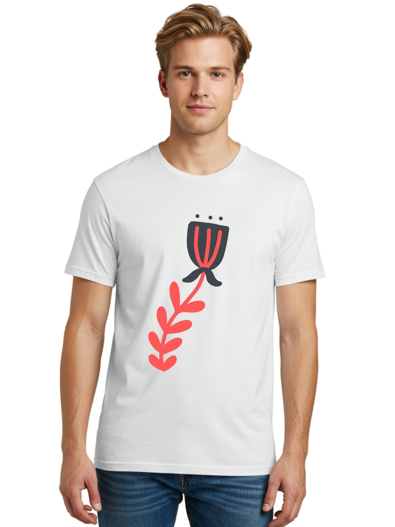 Flower-4 Men'S Graphic Tee, 100% Cotton, Comfortable Casual Summer Wear, Machine Washable, Stylized Tulip, Simple Design, Minimalist Art, Pink And Black, Floral Theme, Abstract Flower Aab724 24