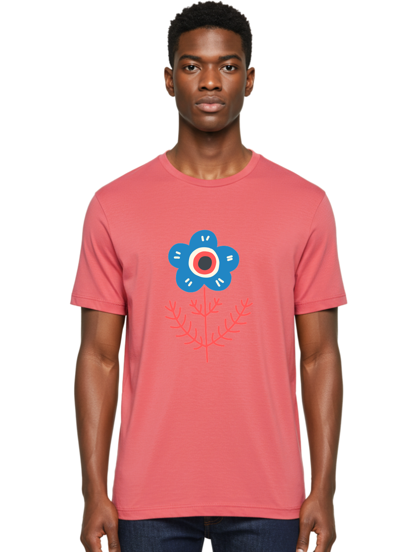 Flower-7 Men'S Graphic Tee, 100% Cotton, Comfortable Casual Summer Wear, Machine Washable, Stylized Flower, Blue Petals, Red And White Center, Pink Leaves, Simple Design, Modern Art, Minimalist Aesthetic, Floral Motif, Abstract Representation Aab727 16
