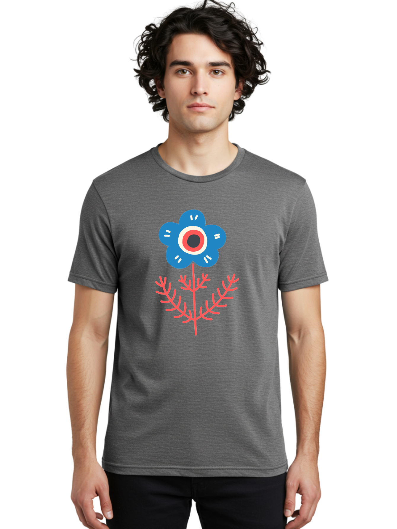 Flower-7 Men'S Graphic Tee, 100% Cotton, Comfortable Casual Summer Wear, Machine Washable, Stylized Flower, Blue Petals, Red And White Center, Pink Leaves, Simple Design, Modern Art, Minimalist Aesthetic, Floral Motif, Abstract Representation Aab727 28