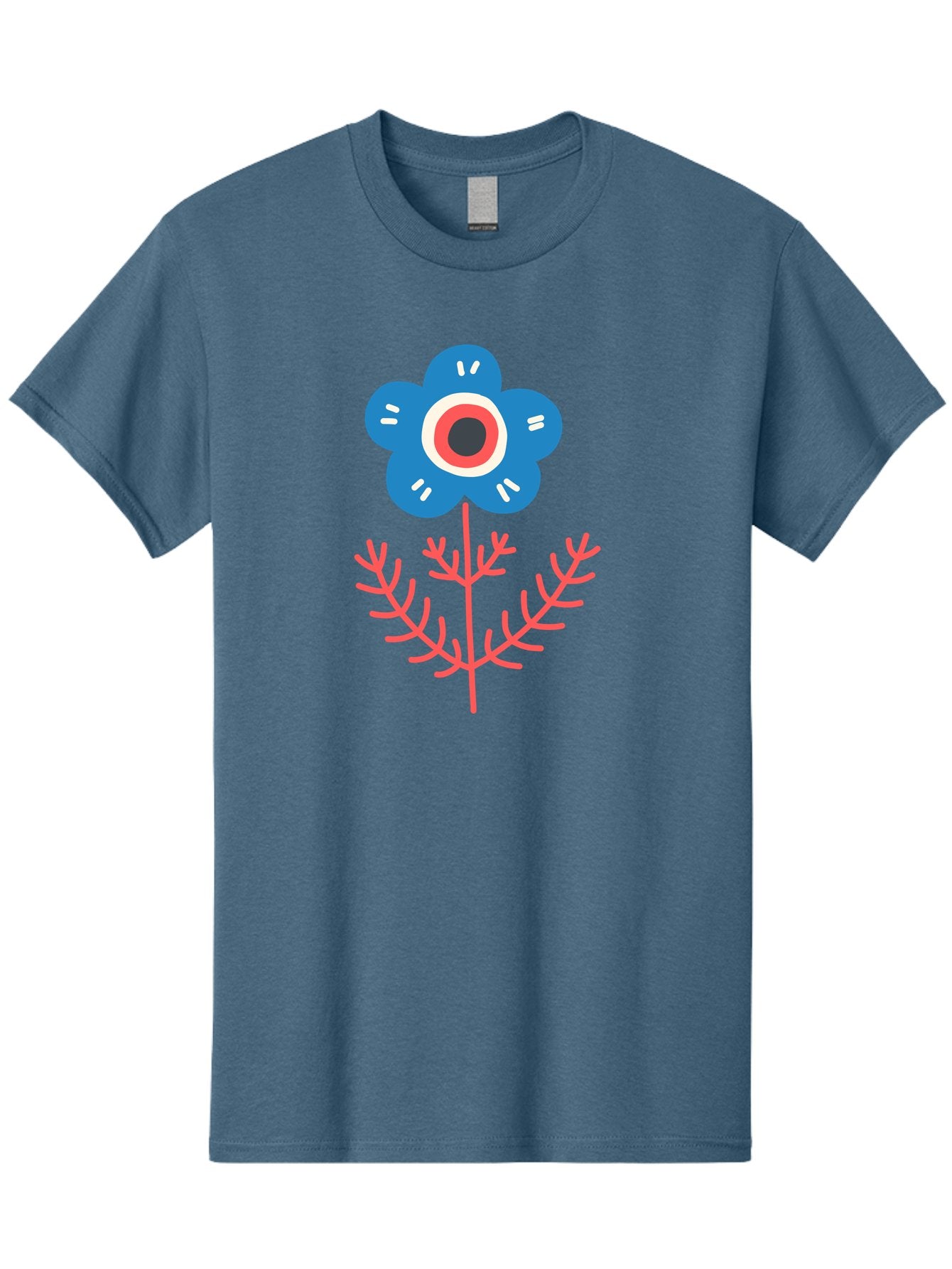 Flower-7 Men'S Graphic Tee, 100% Cotton, Comfortable Casual Summer Wear, Machine Washable, Stylized Flower, Blue Petals, Red And White Center, Pink Leaves, Simple Design, Modern Art, Minimalist Aesthetic, Floral Motif, Abstract Representation Aab727 8