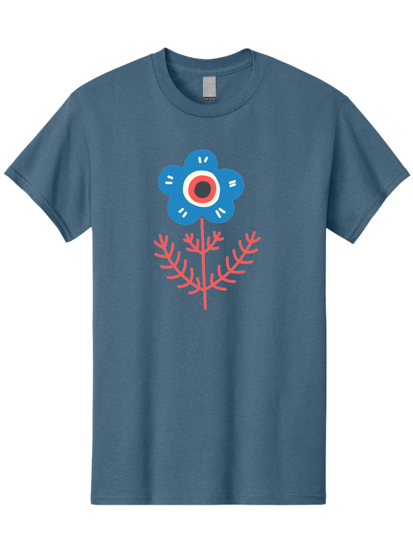 Flower-7 Men'S Graphic Tee, 100% Cotton, Comfortable Casual Summer Wear, Machine Washable, Stylized Flower, Blue Petals, Red And White Center, Pink Leaves, Simple Design, Modern Art, Minimalist Aesthetic, Floral Motif, Abstract Representation Aab727 11