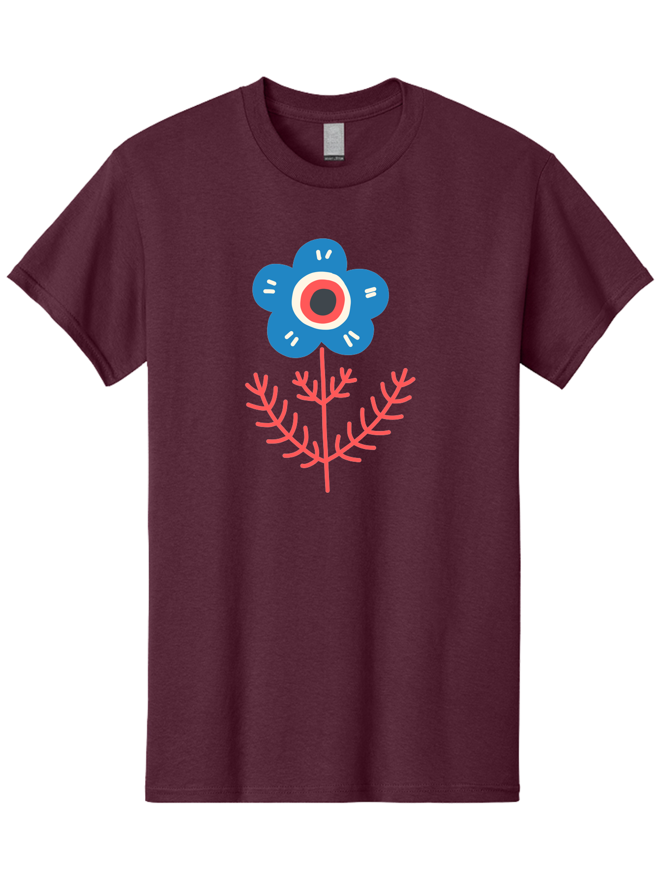 Flower-7 Men'S Graphic Tee, 100% Cotton, Comfortable Casual Summer Wear, Machine Washable, Stylized Flower, Blue Petals, Red And White Center, Pink Leaves, Simple Design, Modern Art, Minimalist Aesthetic, Floral Motif, Abstract Representation Aab727 13