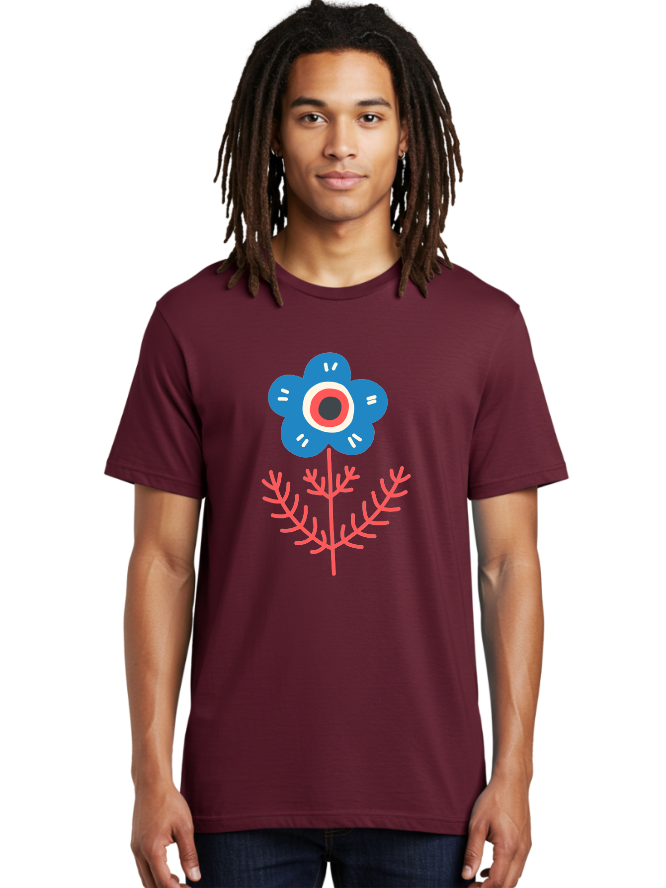 Flower-7 Men'S Graphic Tee, 100% Cotton, Comfortable Casual Summer Wear, Machine Washable, Stylized Flower, Blue Petals, Red And White Center, Pink Leaves, Simple Design, Modern Art, Minimalist Aesthetic, Floral Motif, Abstract Representation Aab727 14