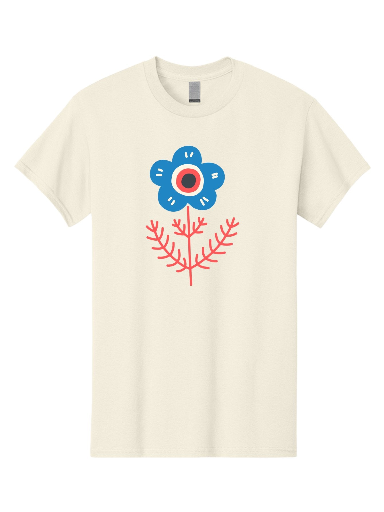 Flower-7 Men'S Graphic Tee, 100% Cotton, Comfortable Casual Summer Wear, Machine Washable, Stylized Flower, Blue Petals, Red And White Center, Pink Leaves, Simple Design, Modern Art, Minimalist Aesthetic, Floral Motif, Abstract Representation Aab727 3