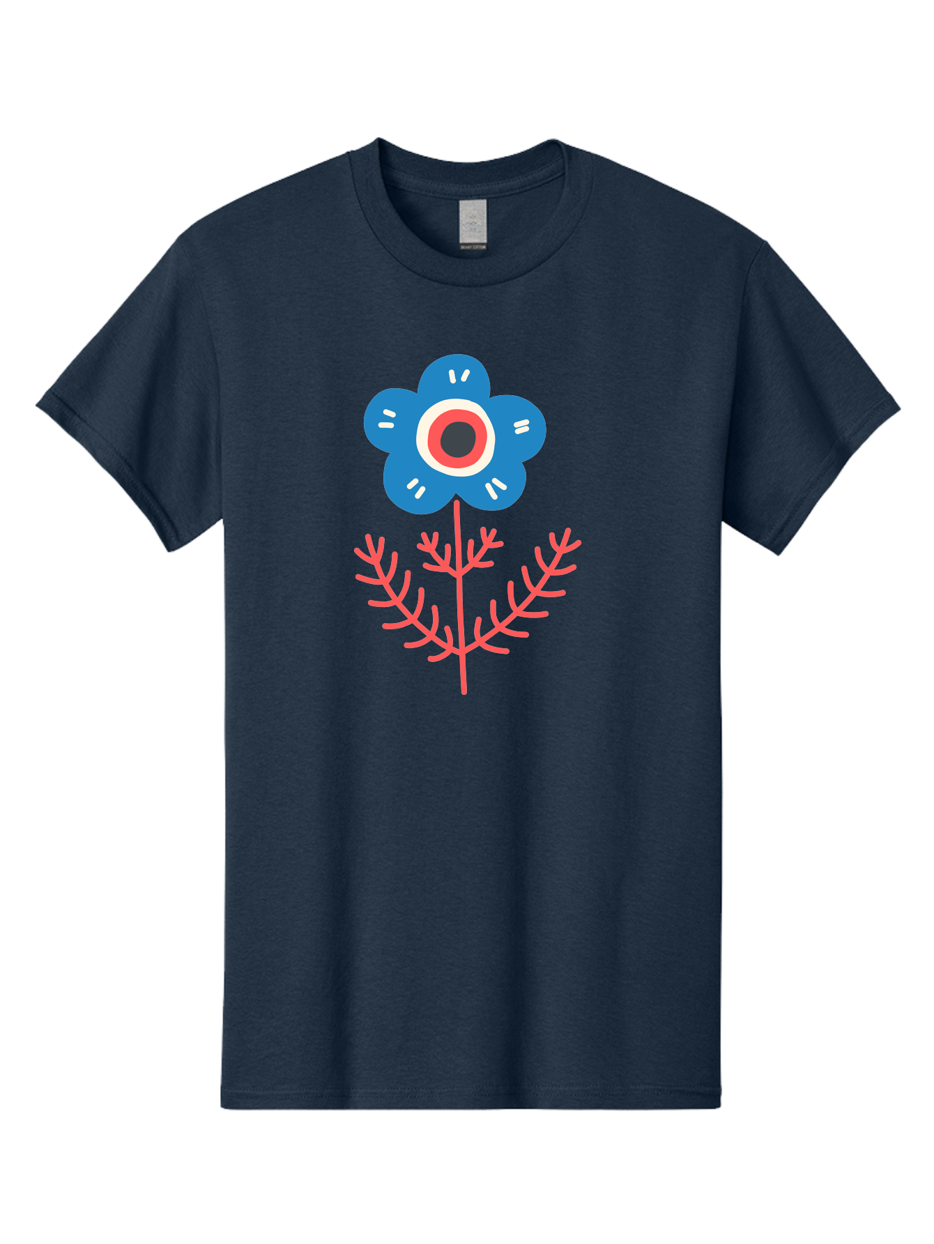 Flower-7 Men'S Graphic Tee, 100% Cotton, Comfortable Casual Summer Wear, Machine Washable, Stylized Flower, Blue Petals, Red And White Center, Pink Leaves, Simple Design, Modern Art, Minimalist Aesthetic, Floral Motif, Abstract Representation Aab727 23