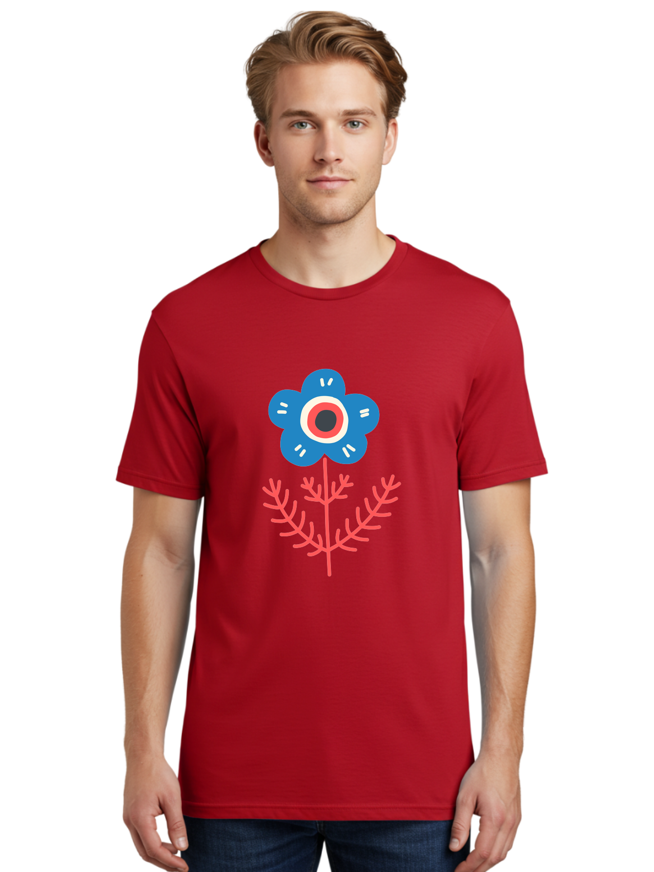 Flower-7 Men'S Graphic Tee, 100% Cotton, Comfortable Casual Summer Wear, Machine Washable, Stylized Flower, Blue Petals, Red And White Center, Pink Leaves, Simple Design, Modern Art, Minimalist Aesthetic, Floral Motif, Abstract Representation Aab727 4