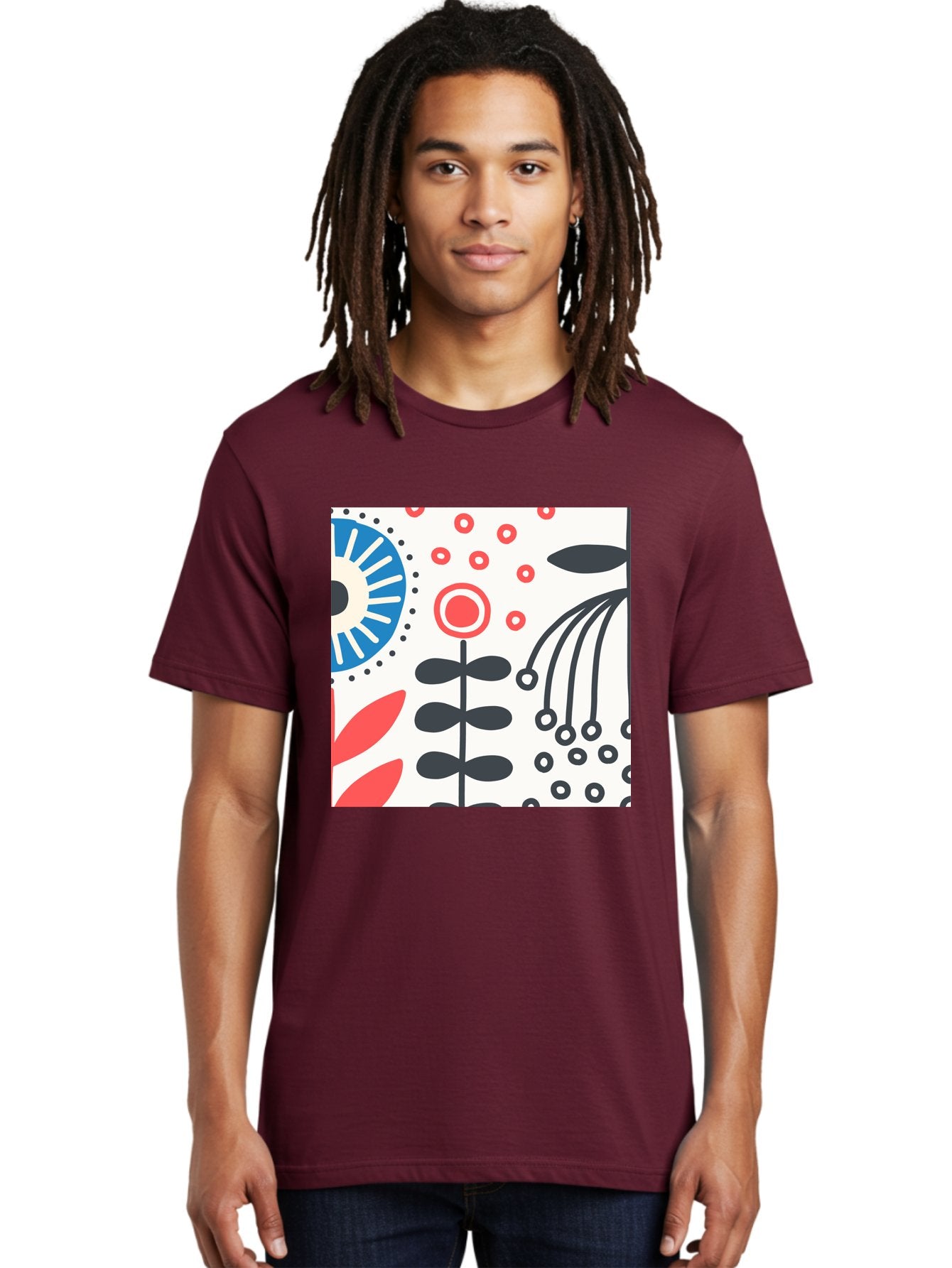 Flower-Design Men'S Graphic Tee, 100% Cotton, Comfortable Casual Summer Wear, Machine Washable, Abstract Floral Pattern, Minimalist Design, Bold Graphics, Modern Art, Floral Motifs, Red And Black Accents, Stylized Flowers, Geometric Shapes, Aab728 16