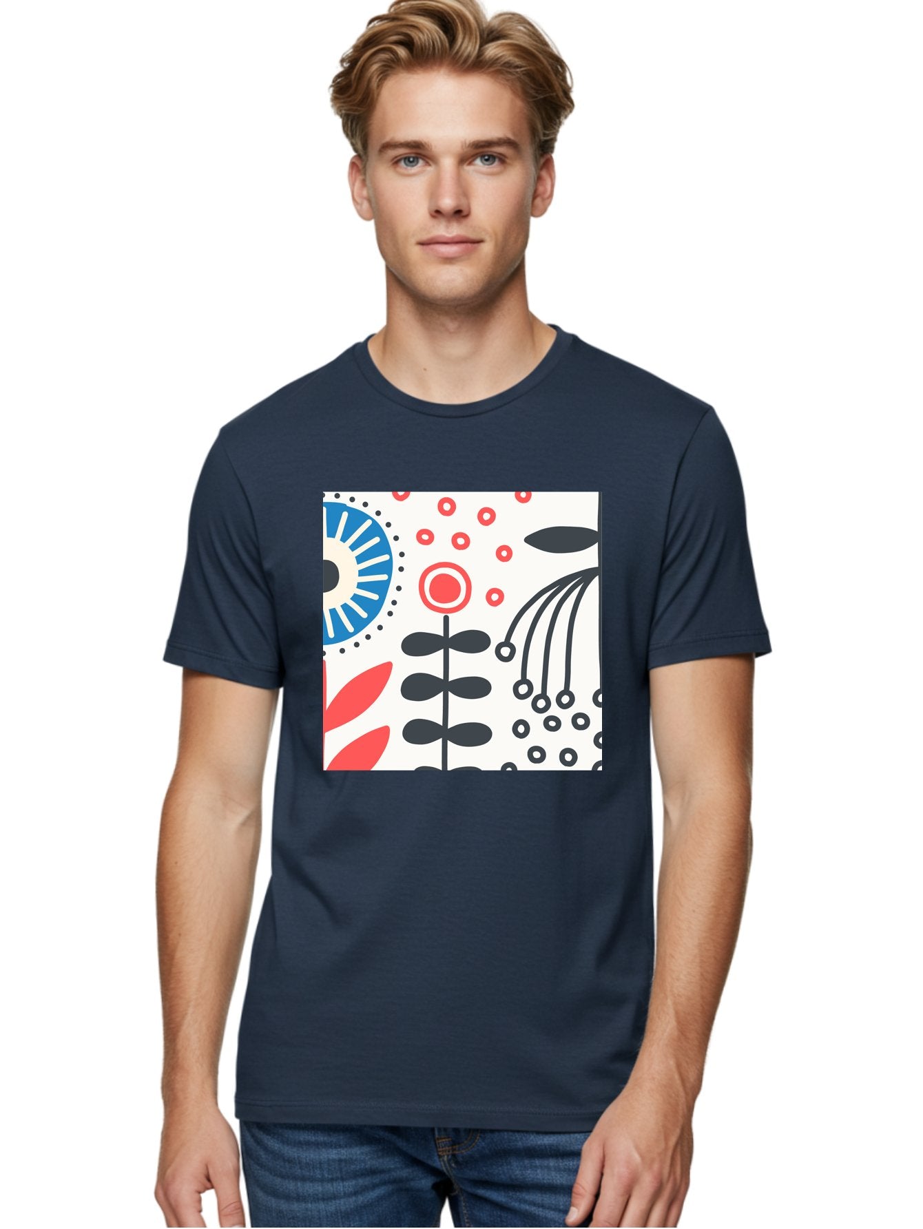 Flower-Design Men'S Graphic Tee, 100% Cotton, Comfortable Casual Summer Wear, Machine Washable, Abstract Floral Pattern, Minimalist Design, Bold Graphics, Modern Art, Floral Motifs, Red And Black Accents, Stylized Flowers, Geometric Shapes, Aab728 22