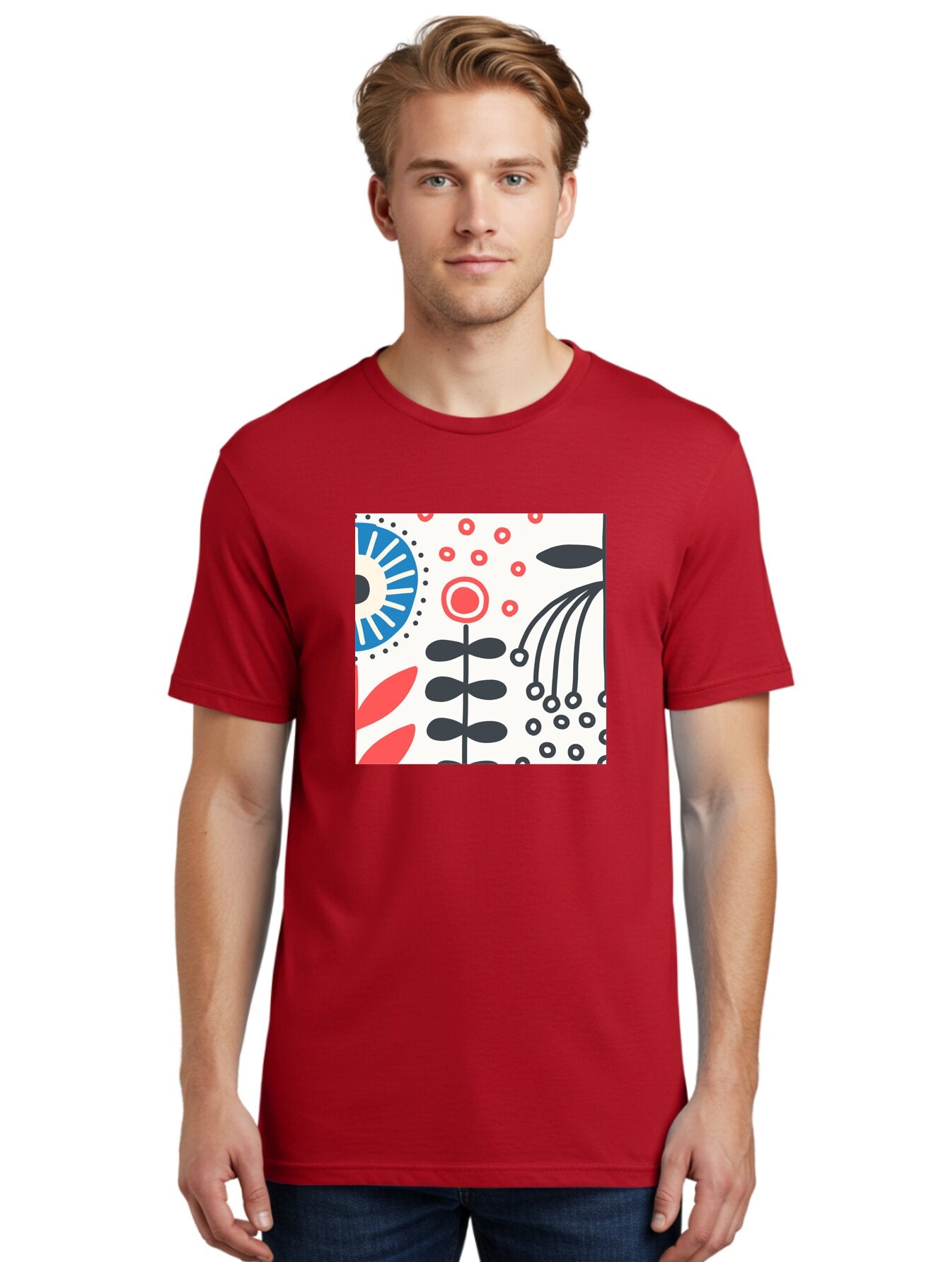 Flower-Design Men'S Graphic Tee, 100% Cotton, Comfortable Casual Summer Wear, Machine Washable, Abstract Floral Pattern, Minimalist Design, Bold Graphics, Modern Art, Floral Motifs, Red And Black Accents, Stylized Flowers, Geometric Shapes, Aab728 30