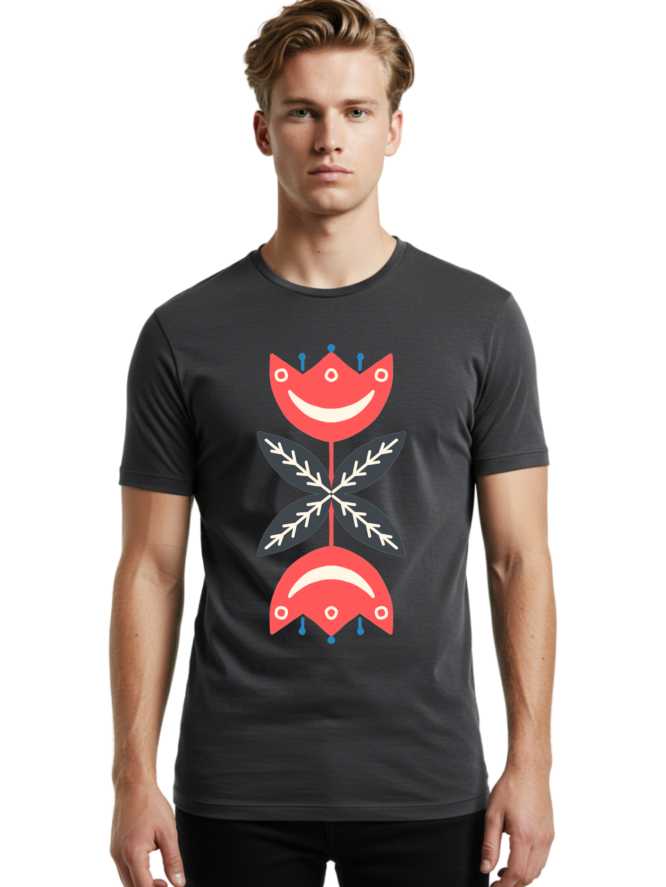 Flower-Face Men'S Graphic Tee, 100% Cotton, Comfortable Casual Summer Wear, Machine Washable, Red Smiley Faces, Playful Flowers, Cartoon Characters, Happy Emotions, Floral Designs, Whimsical Art, Cute Illustrations Aab729 24