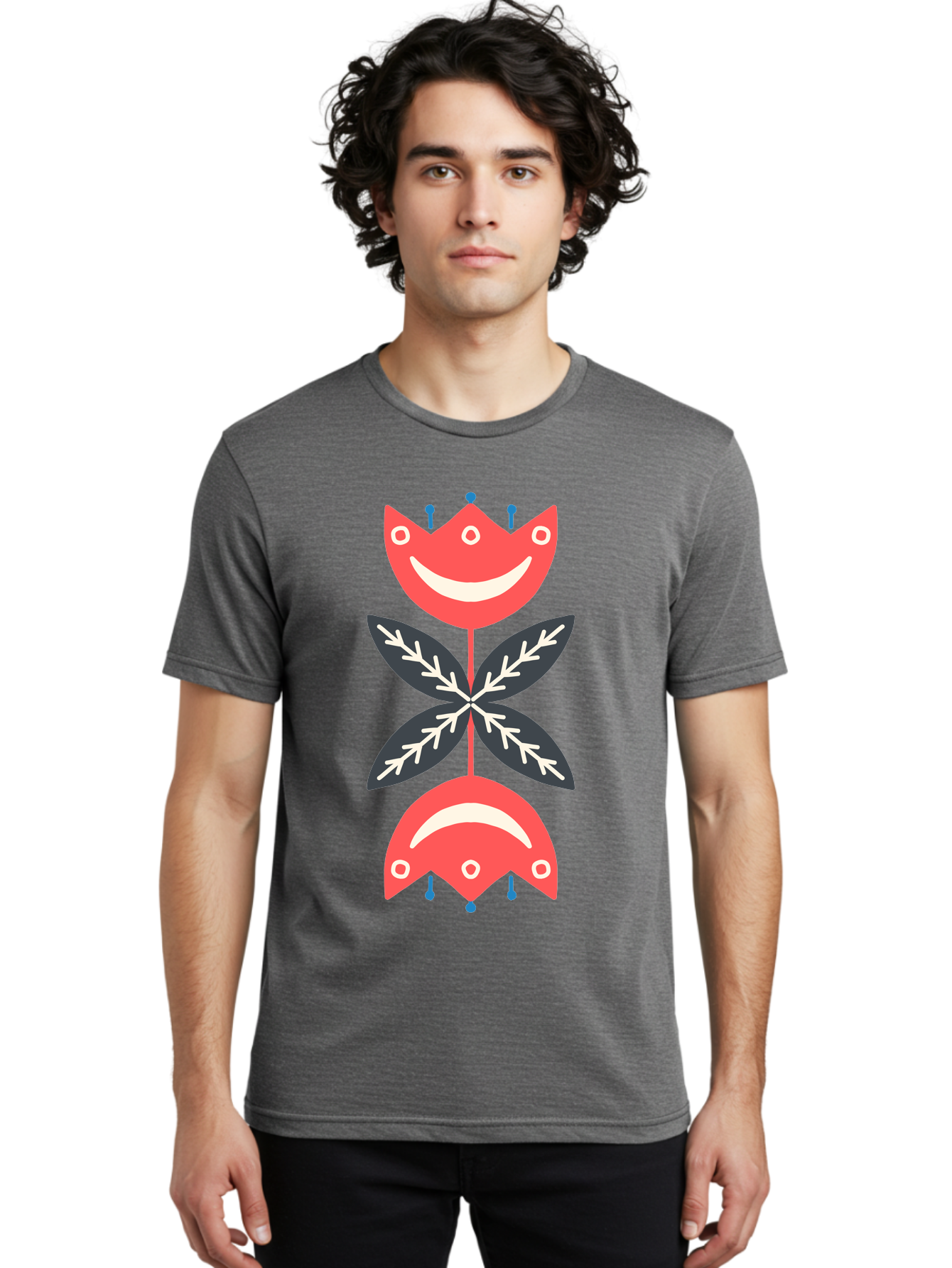 Flower-Face Men'S Graphic Tee, 100% Cotton, Comfortable Casual Summer Wear, Machine Washable, Red Smiley Faces, Playful Flowers, Cartoon Characters, Happy Emotions, Floral Designs, Whimsical Art, Cute Illustrations Aab729 20