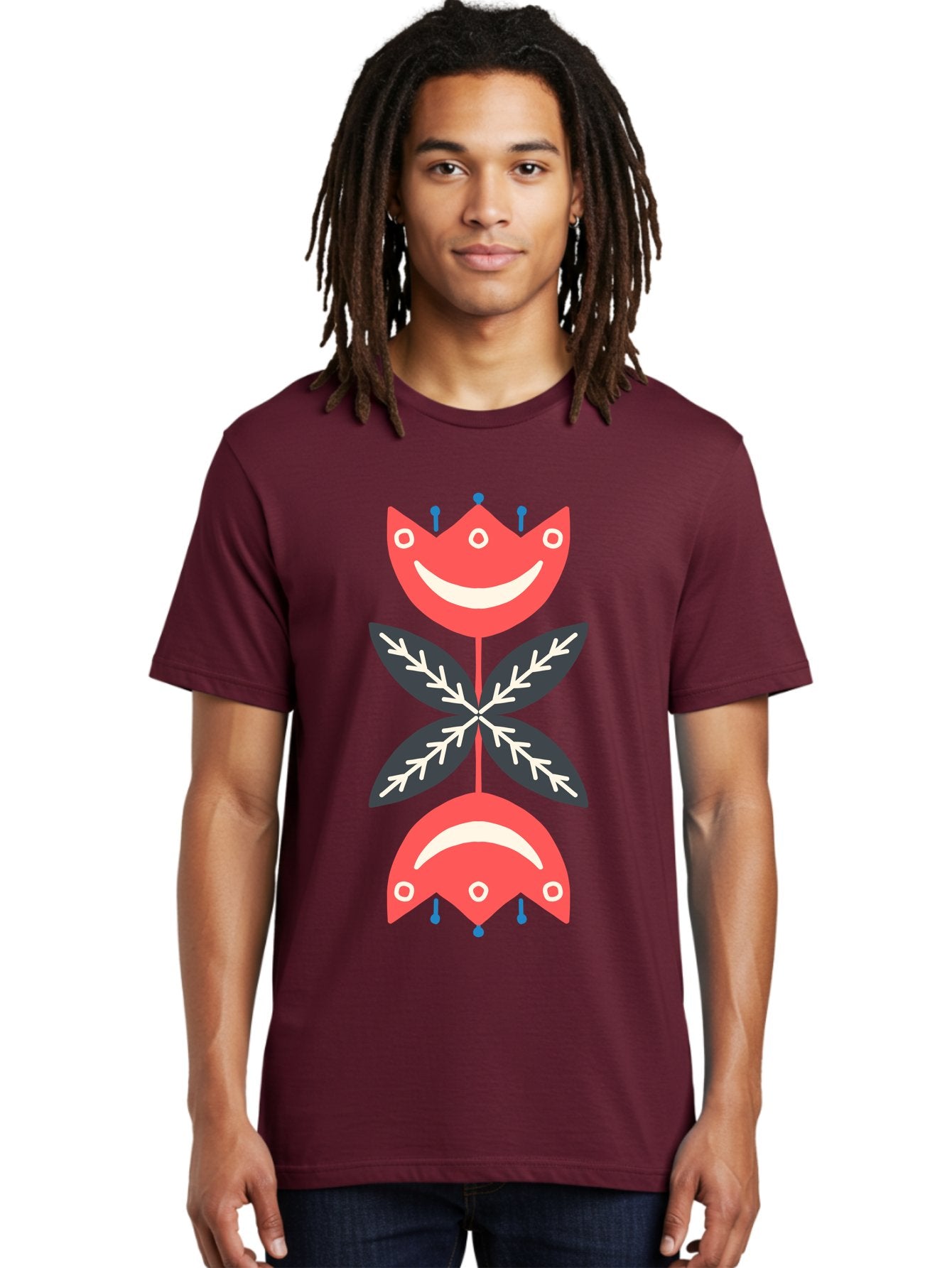 Flower-Face Men'S Graphic Tee, 100% Cotton, Comfortable Casual Summer Wear, Machine Washable, Red Smiley Faces, Playful Flowers, Cartoon Characters, Happy Emotions, Floral Designs, Whimsical Art, Cute Illustrations Aab729 28