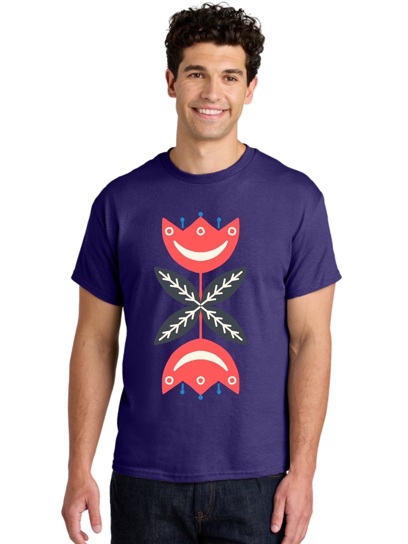 Flower-Face Men'S Graphic Tee, 100% Cotton, Comfortable Casual Summer Wear, Machine Washable, Red Smiley Faces, Playful Flowers, Cartoon Characters, Happy Emotions, Floral Designs, Whimsical Art, Cute Illustrations Aab729 23