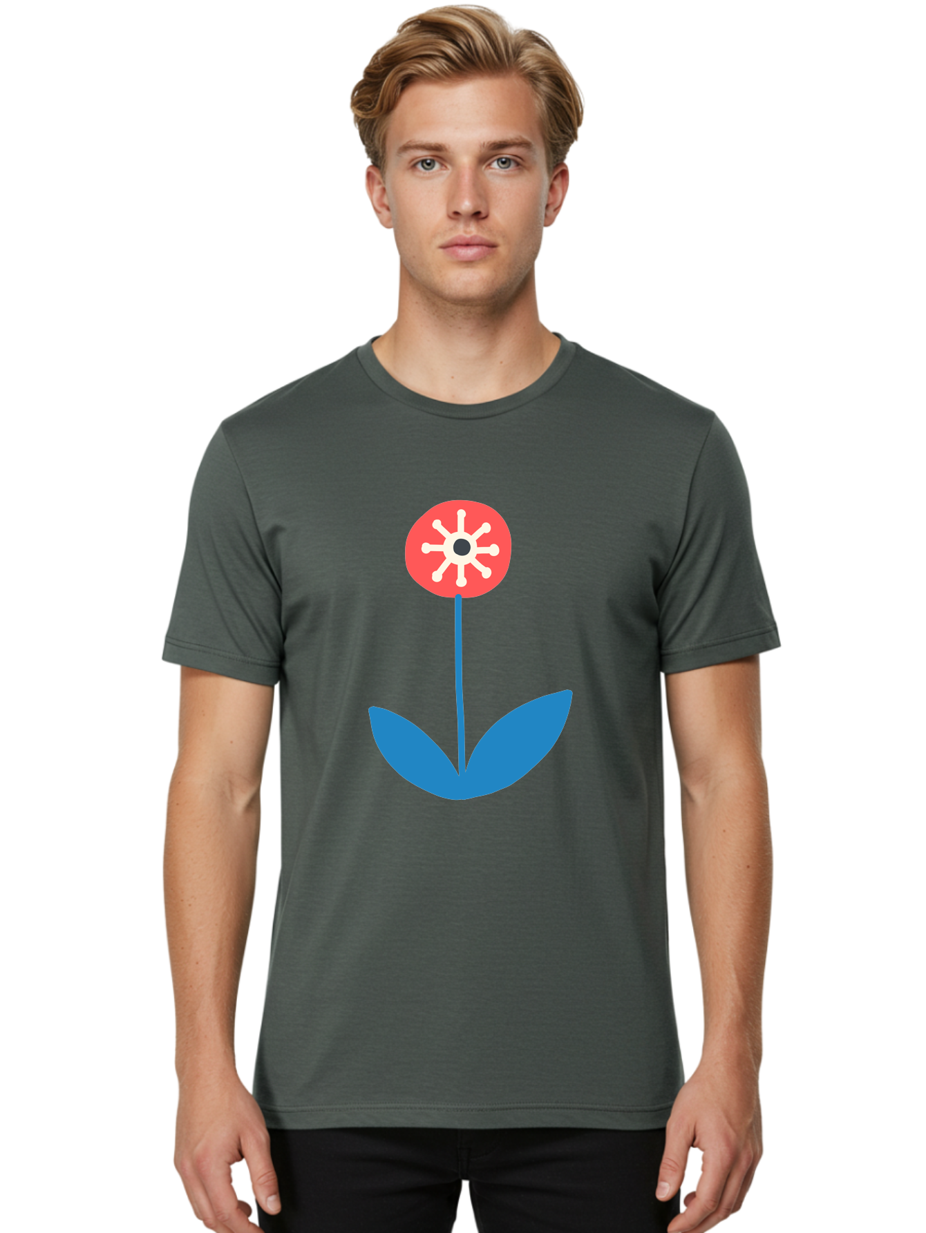 Flower-Icon Men'S Graphic Tee, 100% Cotton, Comfortable Casual Summer Wear, Machine Washable, Simple Flower, Minimalist Design, Red And White Petals, Blue Leaves, Floral Illustration, Modern Art, Digital Graphics, Stylized Bloom Aab732 4