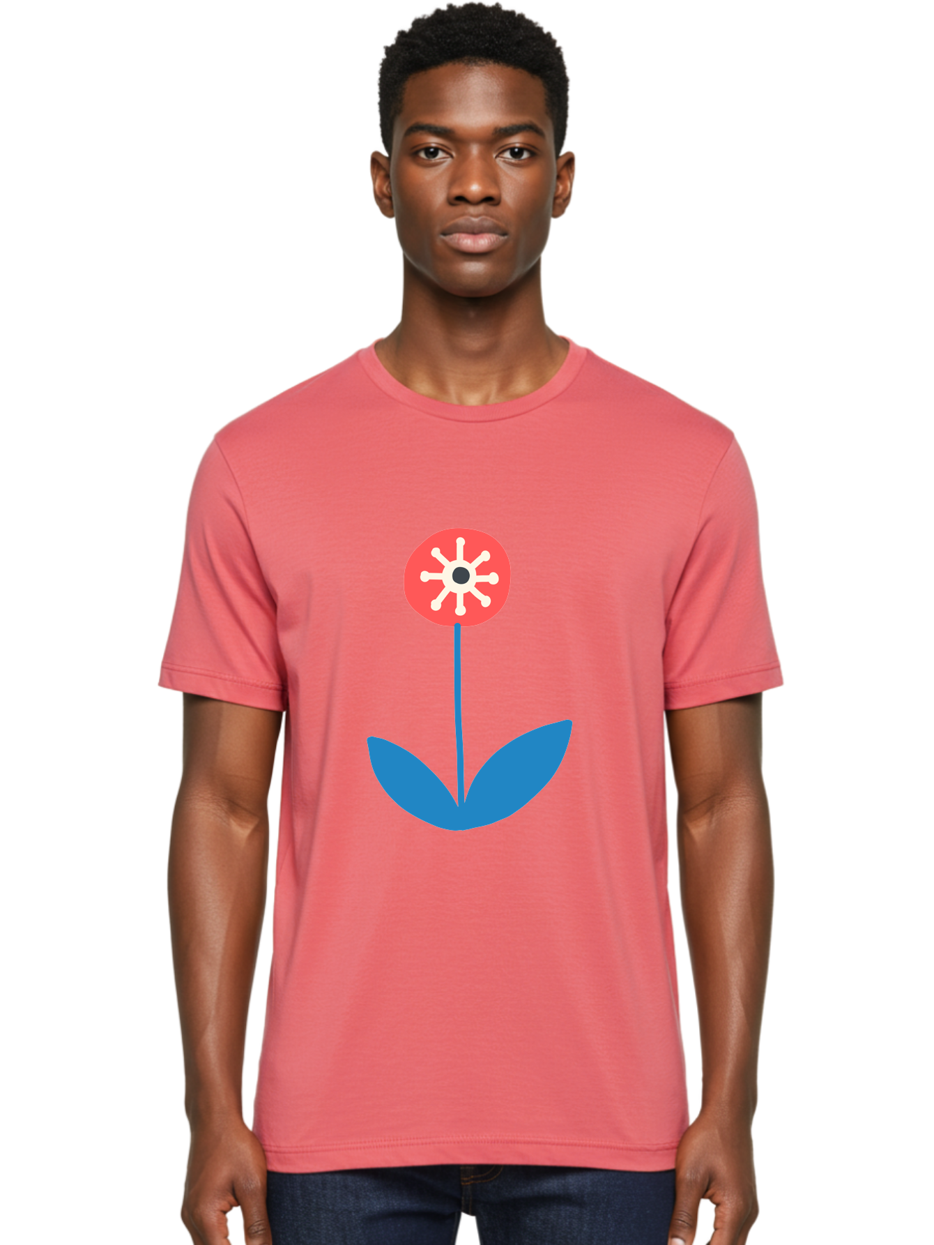 Flower-Icon Men'S Graphic Tee, 100% Cotton, Comfortable Casual Summer Wear, Machine Washable, Simple Flower, Minimalist Design, Red And White Petals, Blue Leaves, Floral Illustration, Modern Art, Digital Graphics, Stylized Bloom Aab732 6