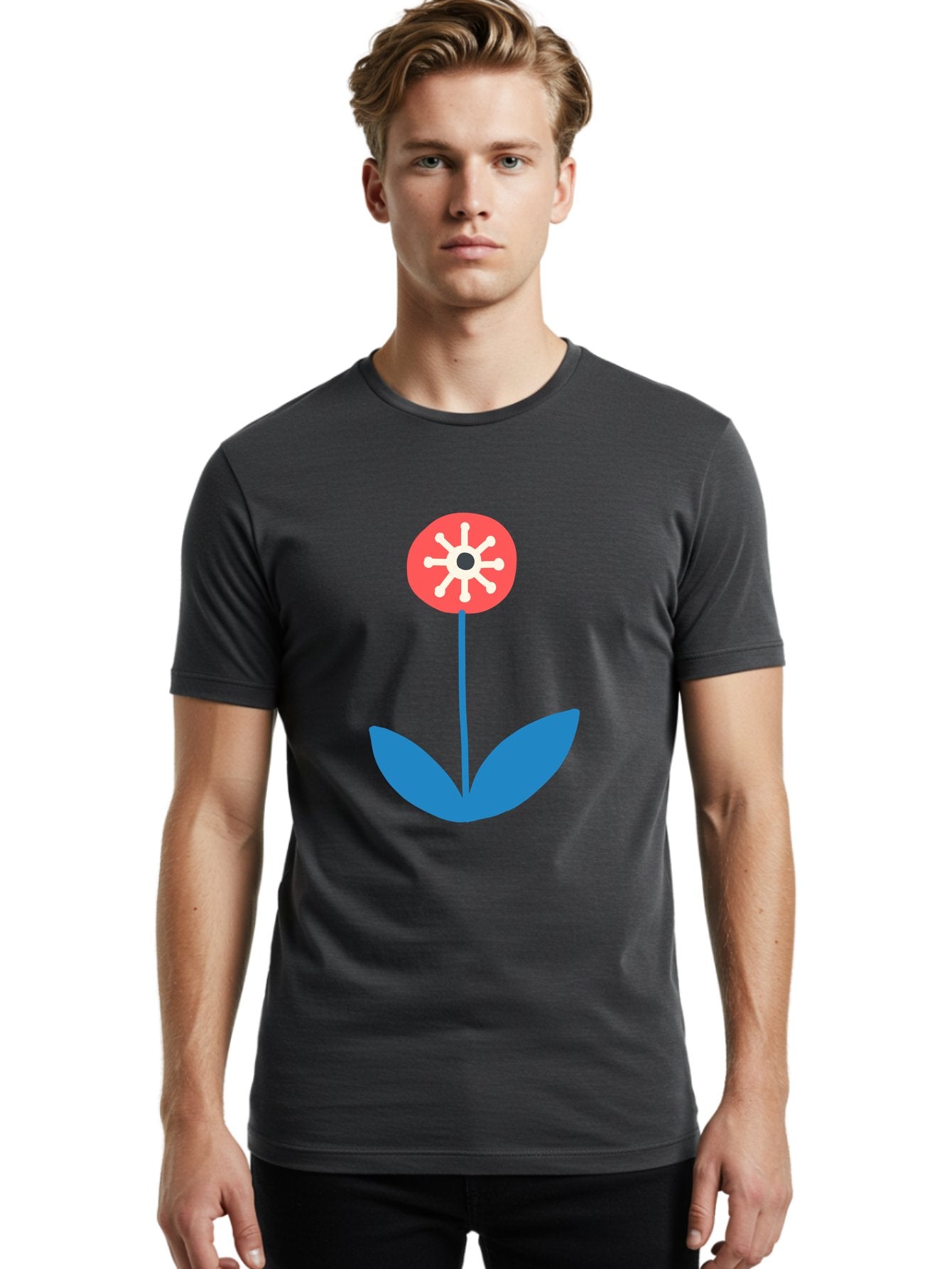 Flower-Icon Men'S Graphic Tee, 100% Cotton, Comfortable Casual Summer Wear, Machine Washable, Simple Flower, Minimalist Design, Red And White Petals, Blue Leaves, Floral Illustration, Modern Art, Digital Graphics, Stylized Bloom Aab732 30