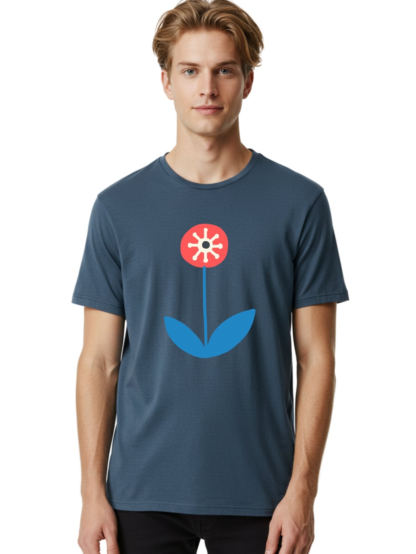 Flower-Icon Men'S Graphic Tee, 100% Cotton, Comfortable Casual Summer Wear, Machine Washable, Simple Flower, Minimalist Design, Red And White Petals, Blue Leaves, Floral Illustration, Modern Art, Digital Graphics, Stylized Bloom Aab732 20