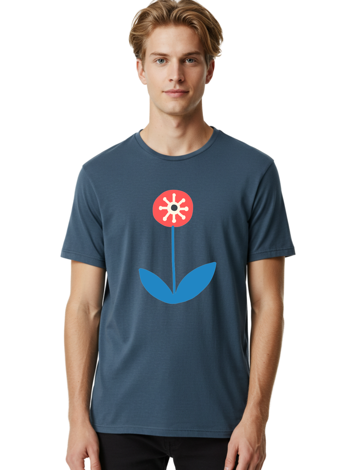 Flower-Icon Men'S Graphic Tee, 100% Cotton, Comfortable Casual Summer Wear, Machine Washable, Simple Flower, Minimalist Design, Red And White Petals, Blue Leaves, Floral Illustration, Modern Art, Digital Graphics, Stylized Bloom Aab732 30