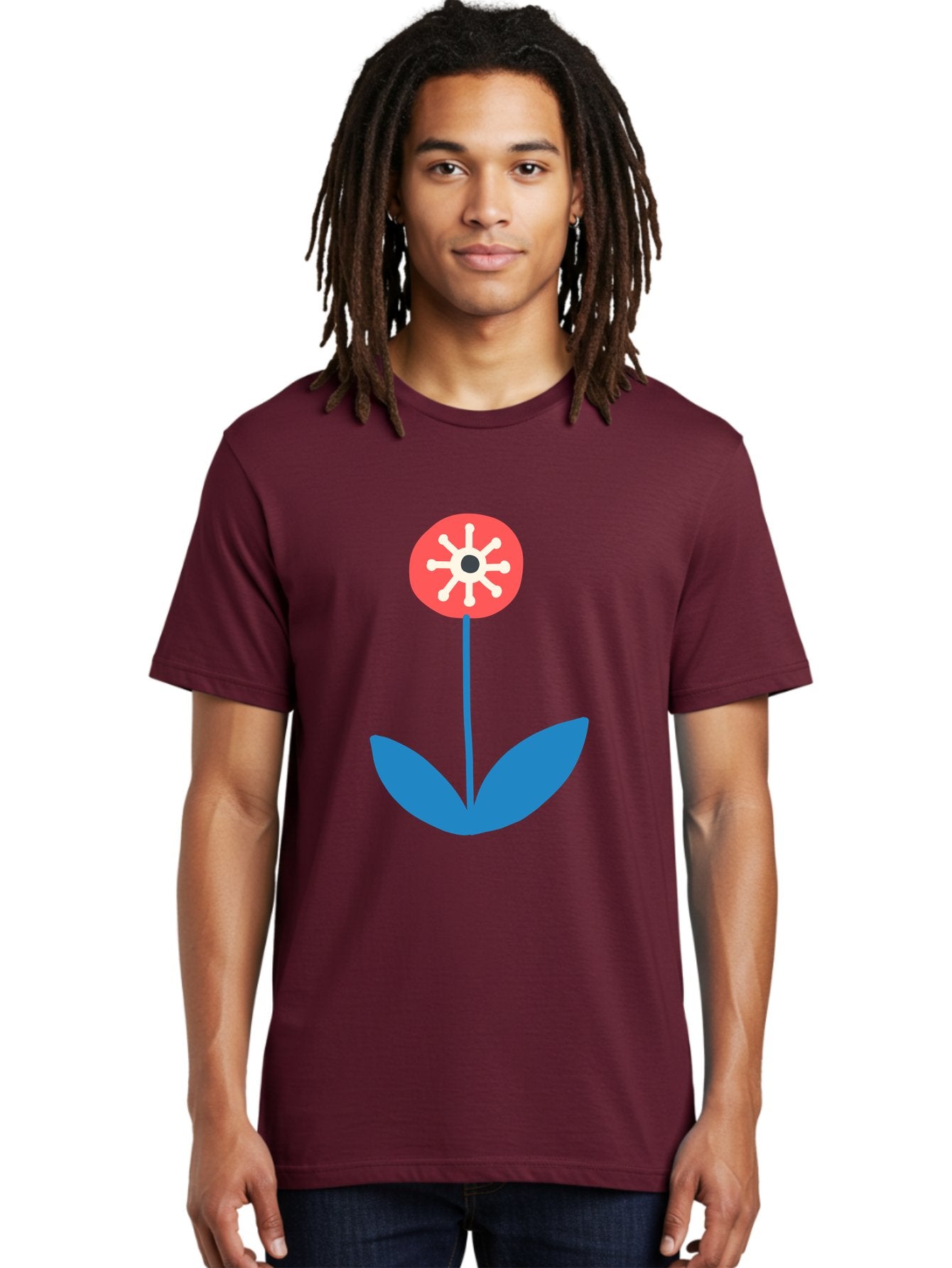 Flower-Icon Men'S Graphic Tee, 100% Cotton, Comfortable Casual Summer Wear, Machine Washable, Simple Flower, Minimalist Design, Red And White Petals, Blue Leaves, Floral Illustration, Modern Art, Digital Graphics, Stylized Bloom Aab732 22