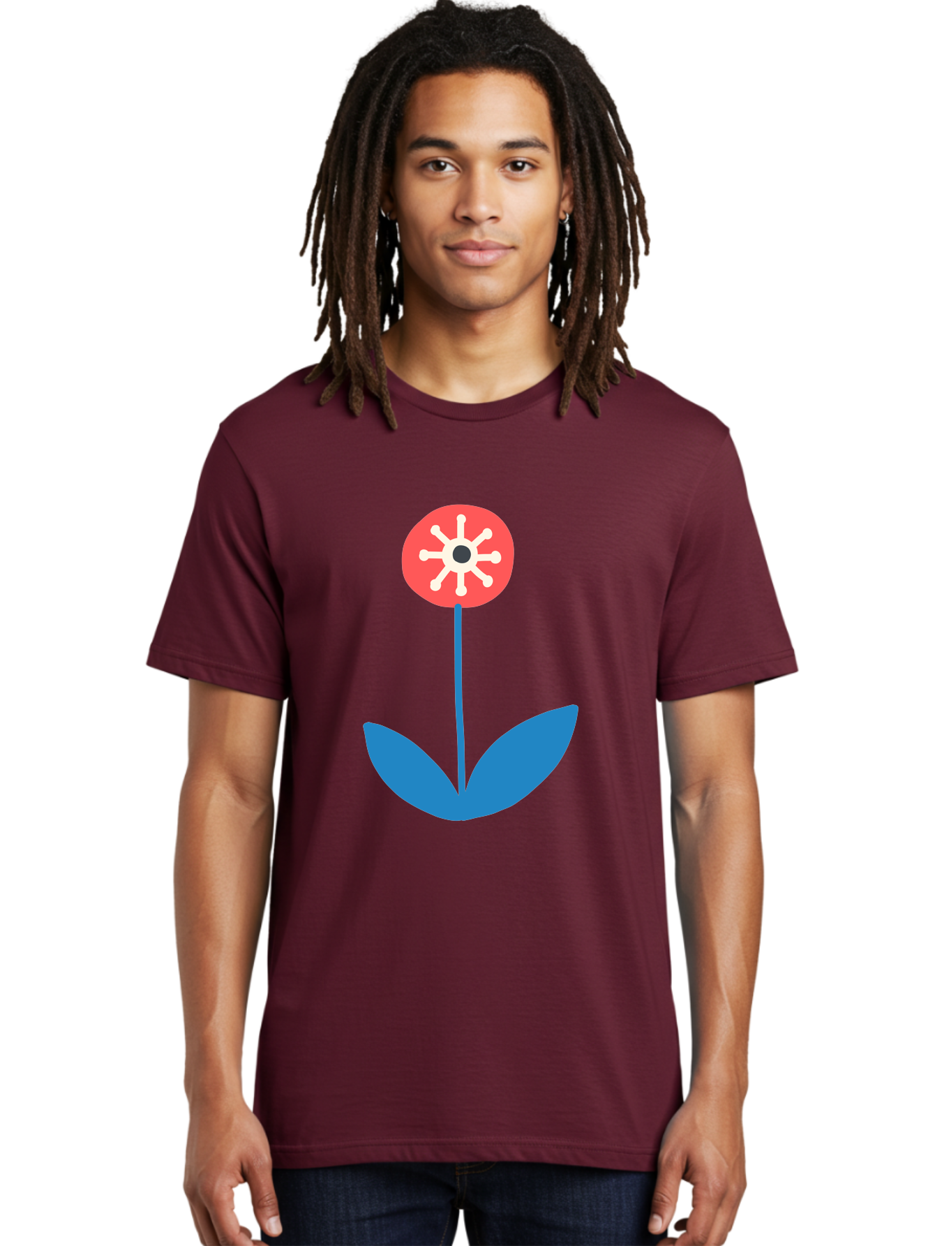 Flower-Icon Men'S Graphic Tee, 100% Cotton, Comfortable Casual Summer Wear, Machine Washable, Simple Flower, Minimalist Design, Red And White Petals, Blue Leaves, Floral Illustration, Modern Art, Digital Graphics, Stylized Bloom Aab732 18