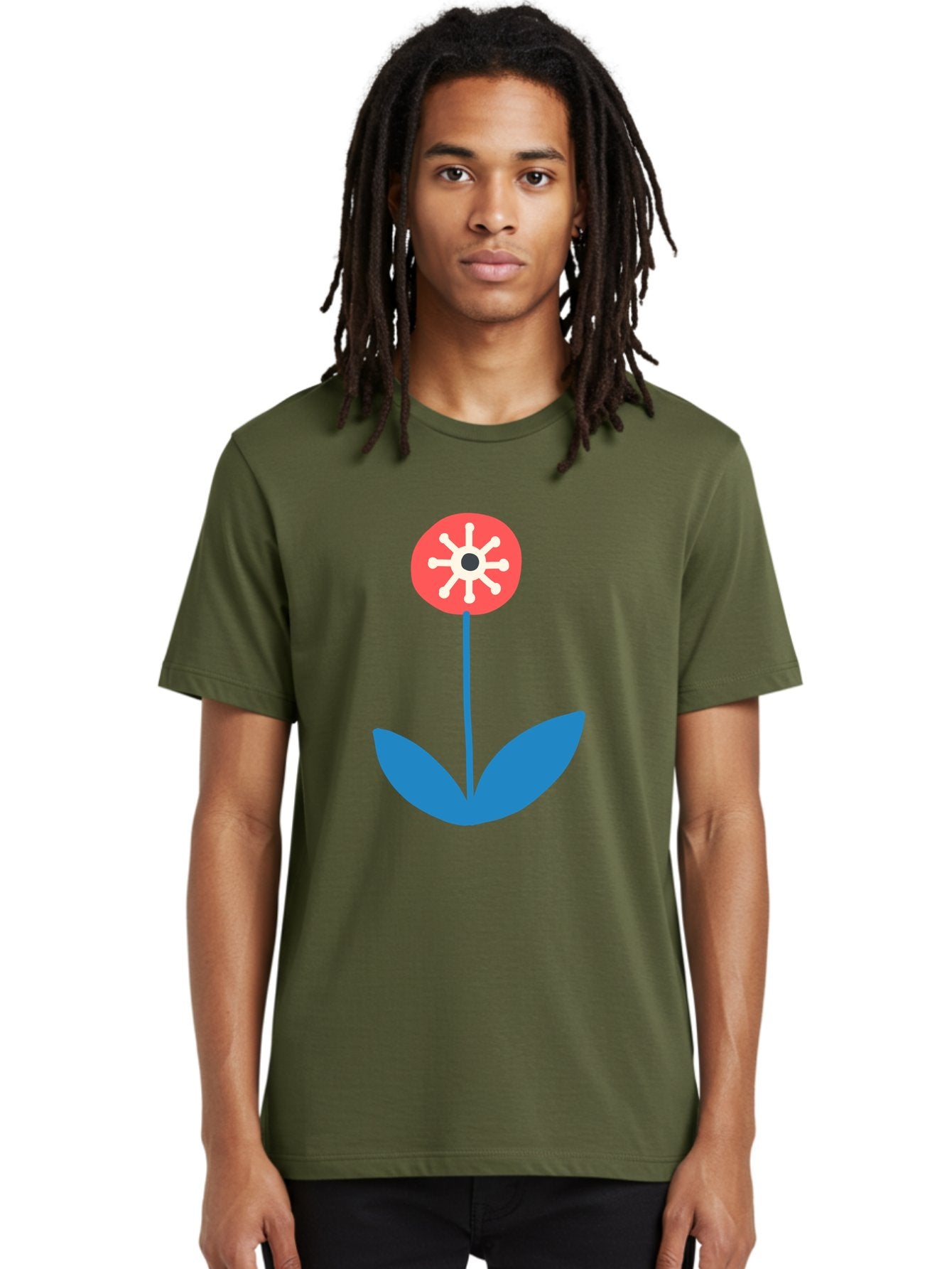 Flower-Icon Men'S Graphic Tee, 100% Cotton, Comfortable Casual Summer Wear, Machine Washable, Simple Flower, Minimalist Design, Red And White Petals, Blue Leaves, Floral Illustration, Modern Art, Digital Graphics, Stylized Bloom Aab732 27