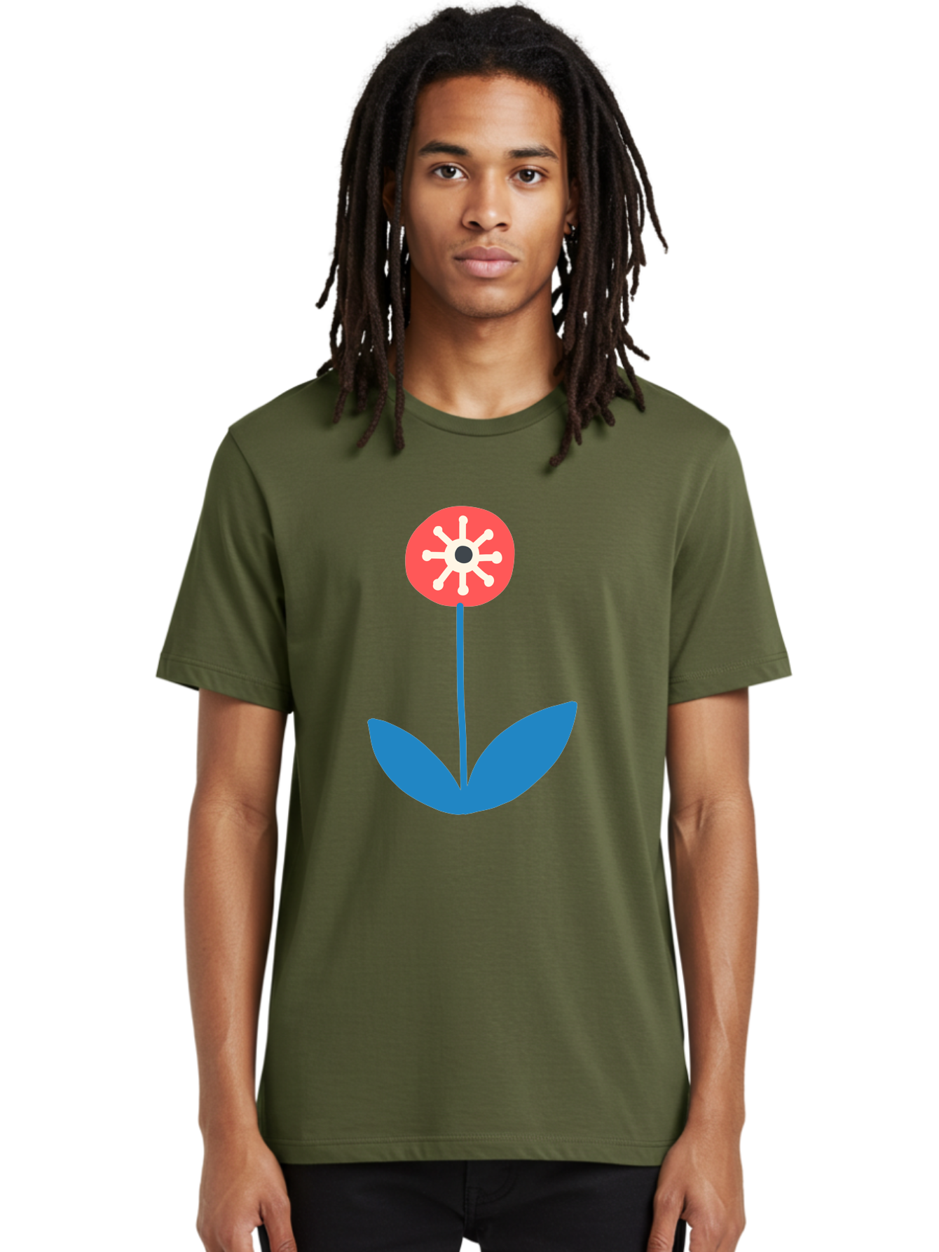 Flower-Icon Men'S Graphic Tee, 100% Cotton, Comfortable Casual Summer Wear, Machine Washable, Simple Flower, Minimalist Design, Red And White Petals, Blue Leaves, Floral Illustration, Modern Art, Digital Graphics, Stylized Bloom Aab732 8