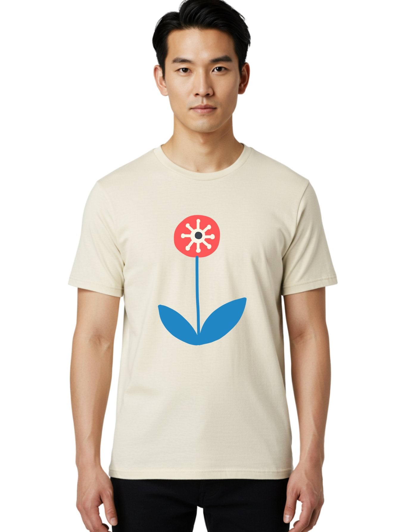 Flower-Icon Men'S Graphic Tee, 100% Cotton, Comfortable Casual Summer Wear, Machine Washable, Simple Flower, Minimalist Design, Red And White Petals, Blue Leaves, Floral Illustration, Modern Art, Digital Graphics, Stylized Bloom Aab732 16