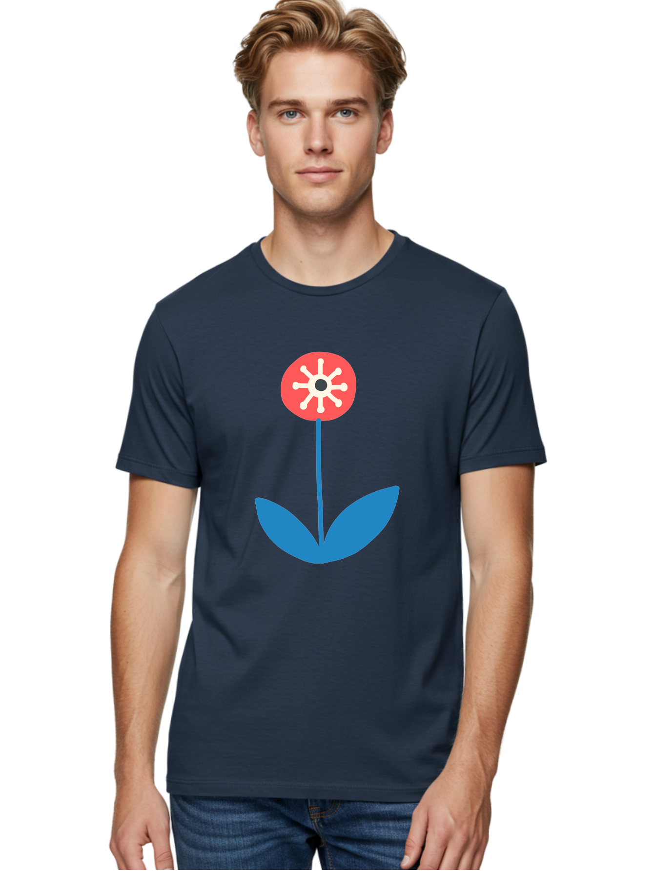 Flower-Icon Men'S Graphic Tee, 100% Cotton, Comfortable Casual Summer Wear, Machine Washable, Simple Flower, Minimalist Design, Red And White Petals, Blue Leaves, Floral Illustration, Modern Art, Digital Graphics, Stylized Bloom Aab732 14