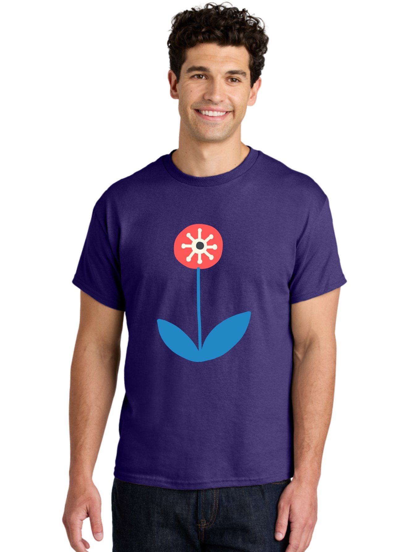 Flower-Icon Men'S Graphic Tee, 100% Cotton, Comfortable Casual Summer Wear, Machine Washable, Simple Flower, Minimalist Design, Red And White Petals, Blue Leaves, Floral Illustration, Modern Art, Digital Graphics, Stylized Bloom Aab732 19
