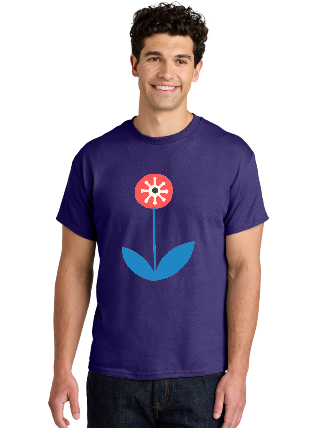 Flower-Icon Men'S Graphic Tee, 100% Cotton, Comfortable Casual Summer Wear, Machine Washable, Simple Flower, Minimalist Design, Red And White Petals, Blue Leaves, Floral Illustration, Modern Art, Digital Graphics, Stylized Bloom Aab732 22