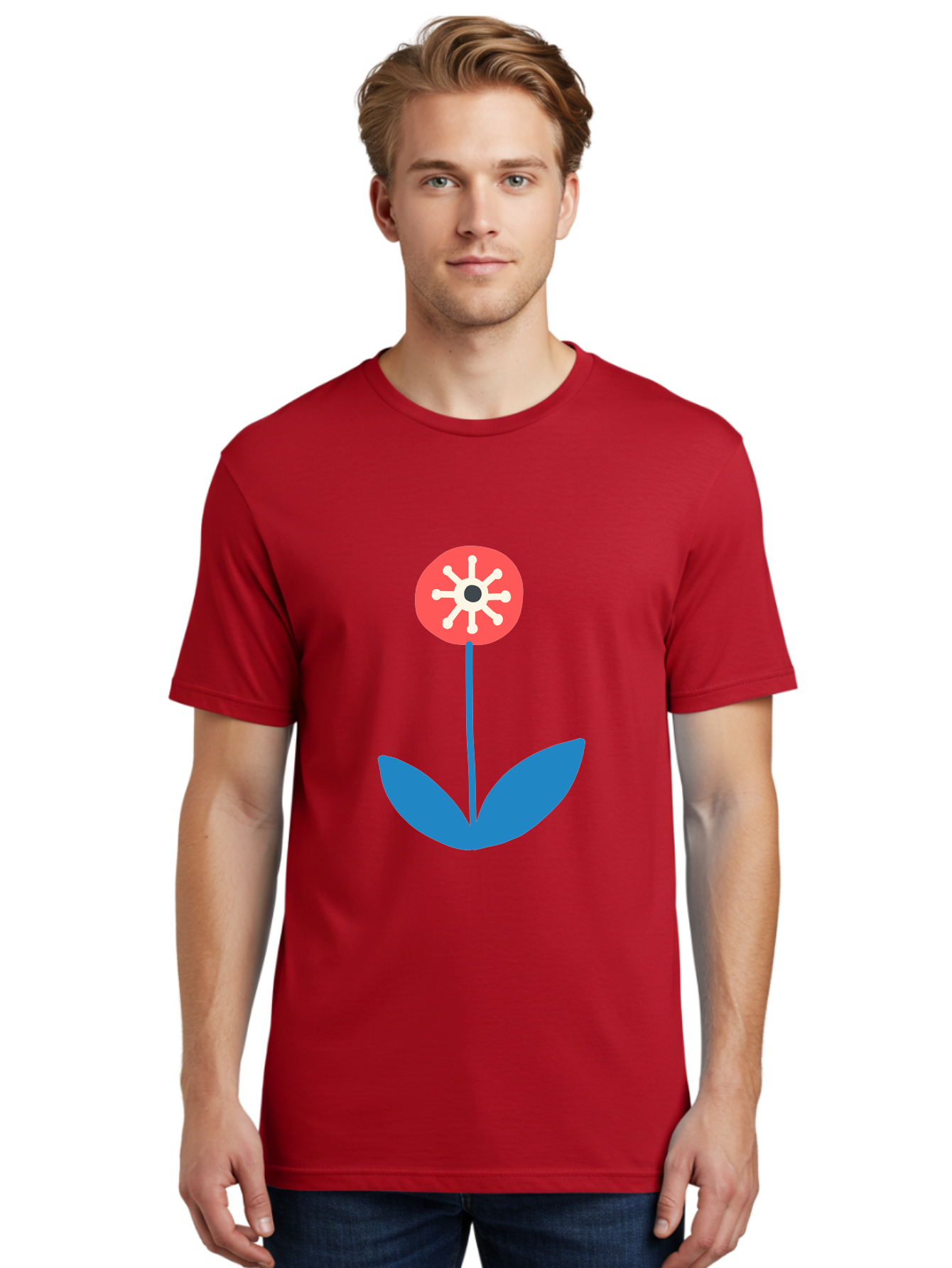 Flower-Icon Men'S Graphic Tee, 100% Cotton, Comfortable Casual Summer Wear, Machine Washable, Simple Flower, Minimalist Design, Red And White Petals, Blue Leaves, Floral Illustration, Modern Art, Digital Graphics, Stylized Bloom Aab732 12