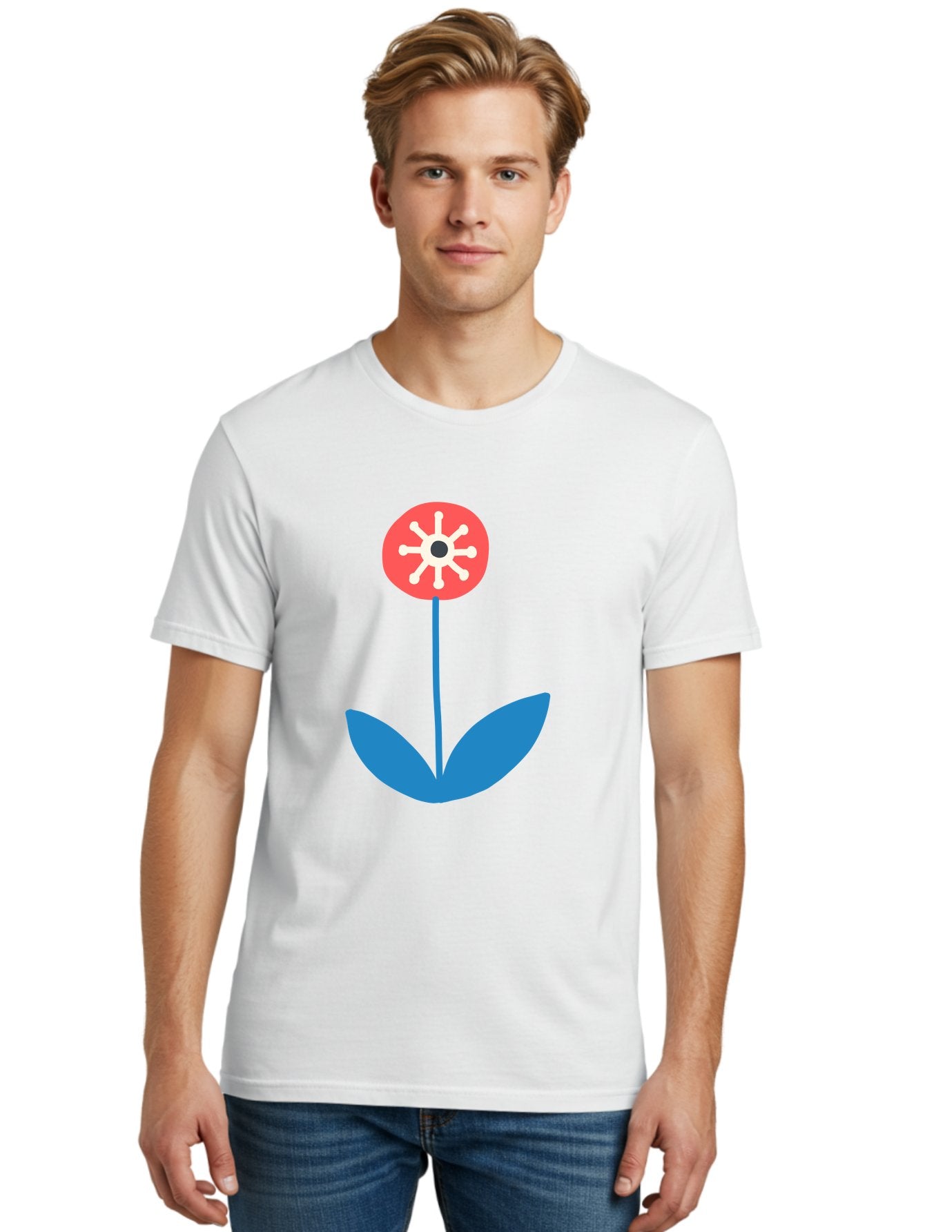 Flower-Icon Men'S Graphic Tee, 100% Cotton, Comfortable Casual Summer Wear, Machine Washable, Simple Flower, Minimalist Design, Red And White Petals, Blue Leaves, Floral Illustration, Modern Art, Digital Graphics, Stylized Bloom Aab732 21