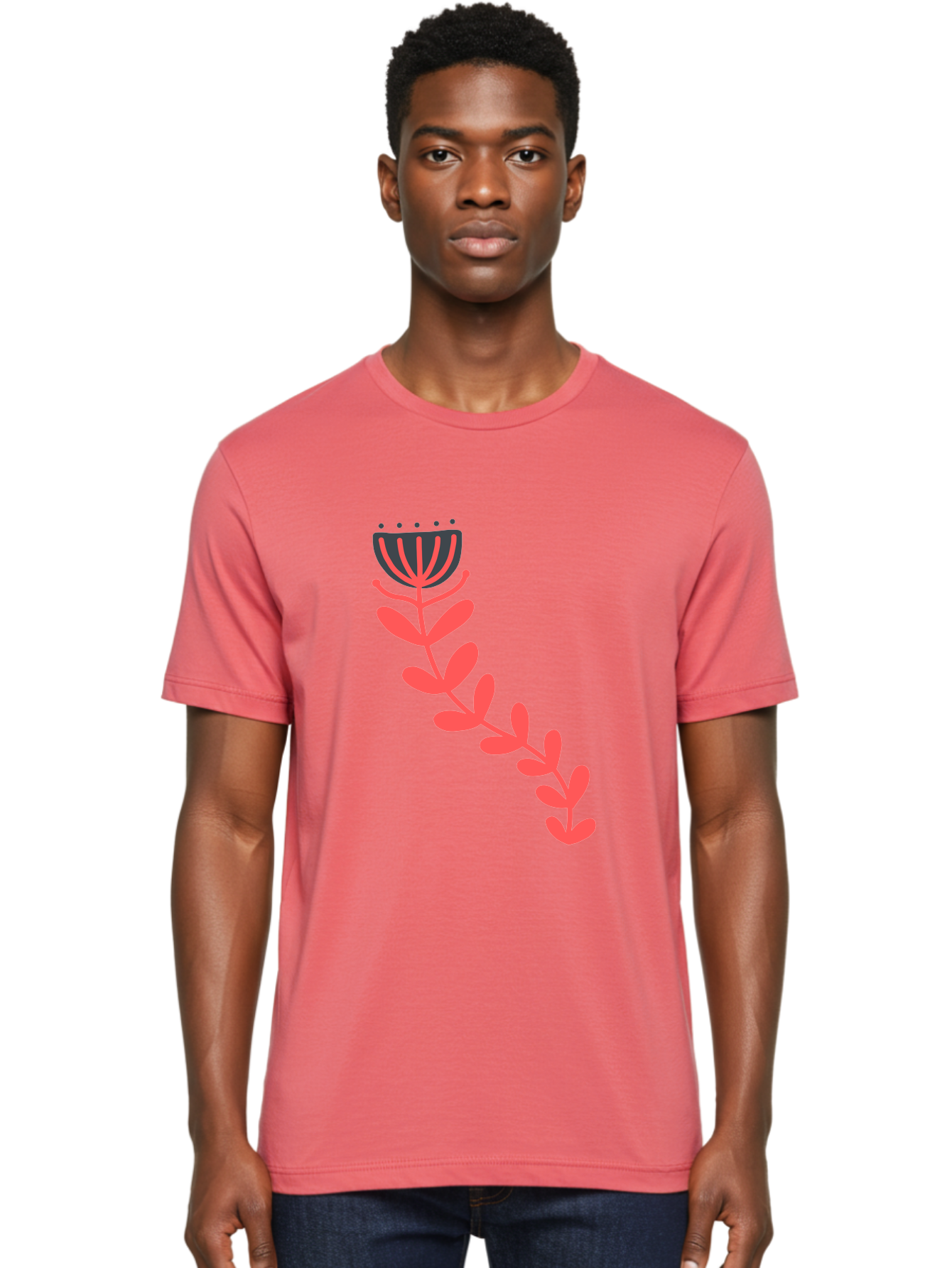 Flower-Illustration Men'S Graphic Tee, 100% Cotton, Comfortable Casual Summer Wear, Machine Washable, Stylized Tulip, Simple Design, Floral Pattern, Minimalist Art, Pink And Black, Leaves And Stem, Graphic Illustration, Modern Art Aab734 28