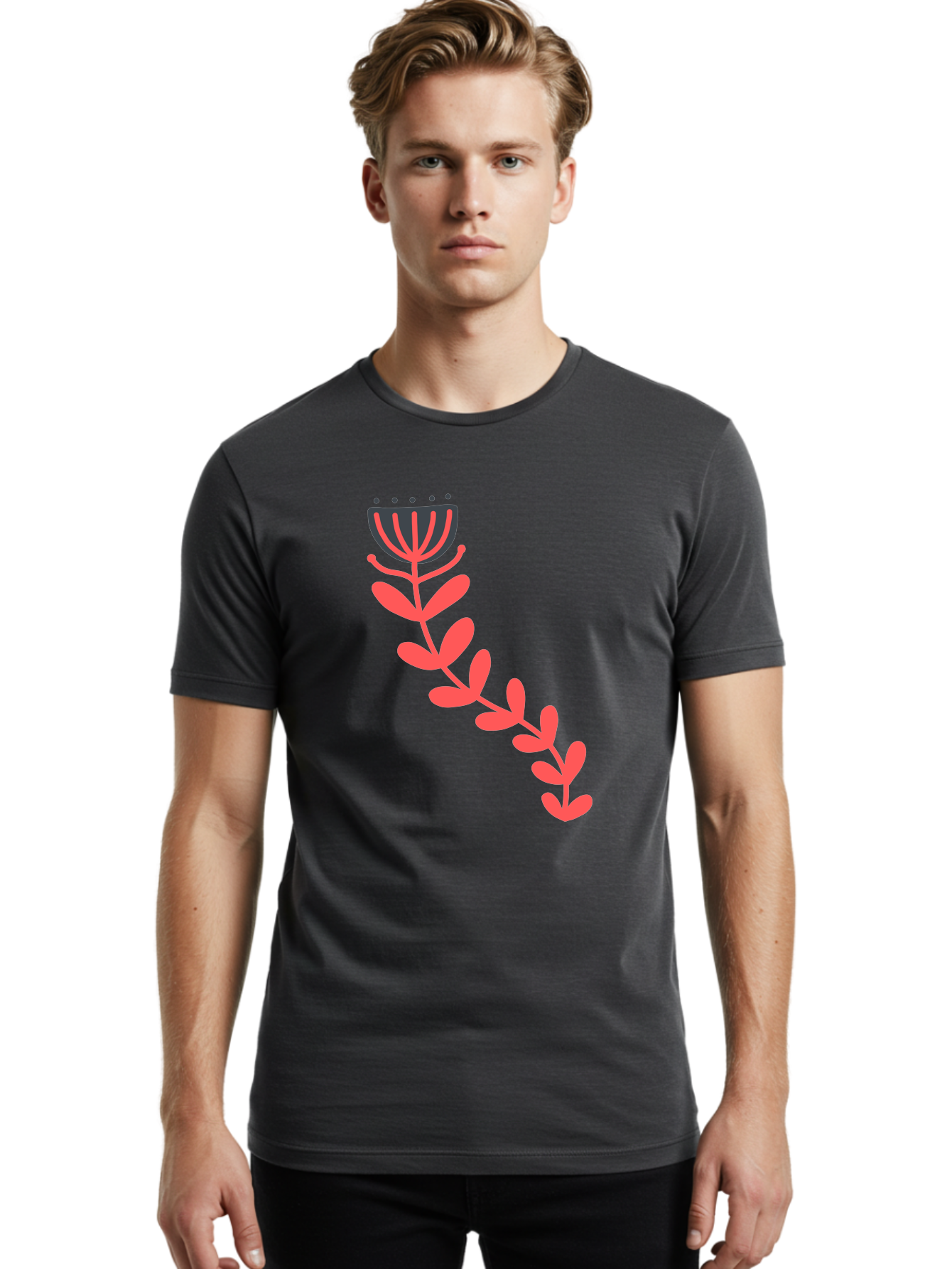 Flower-Illustration Men'S Graphic Tee, 100% Cotton, Comfortable Casual Summer Wear, Machine Washable, Stylized Tulip, Simple Design, Floral Pattern, Minimalist Art, Pink And Black, Leaves And Stem, Graphic Illustration, Modern Art Aab734 24
