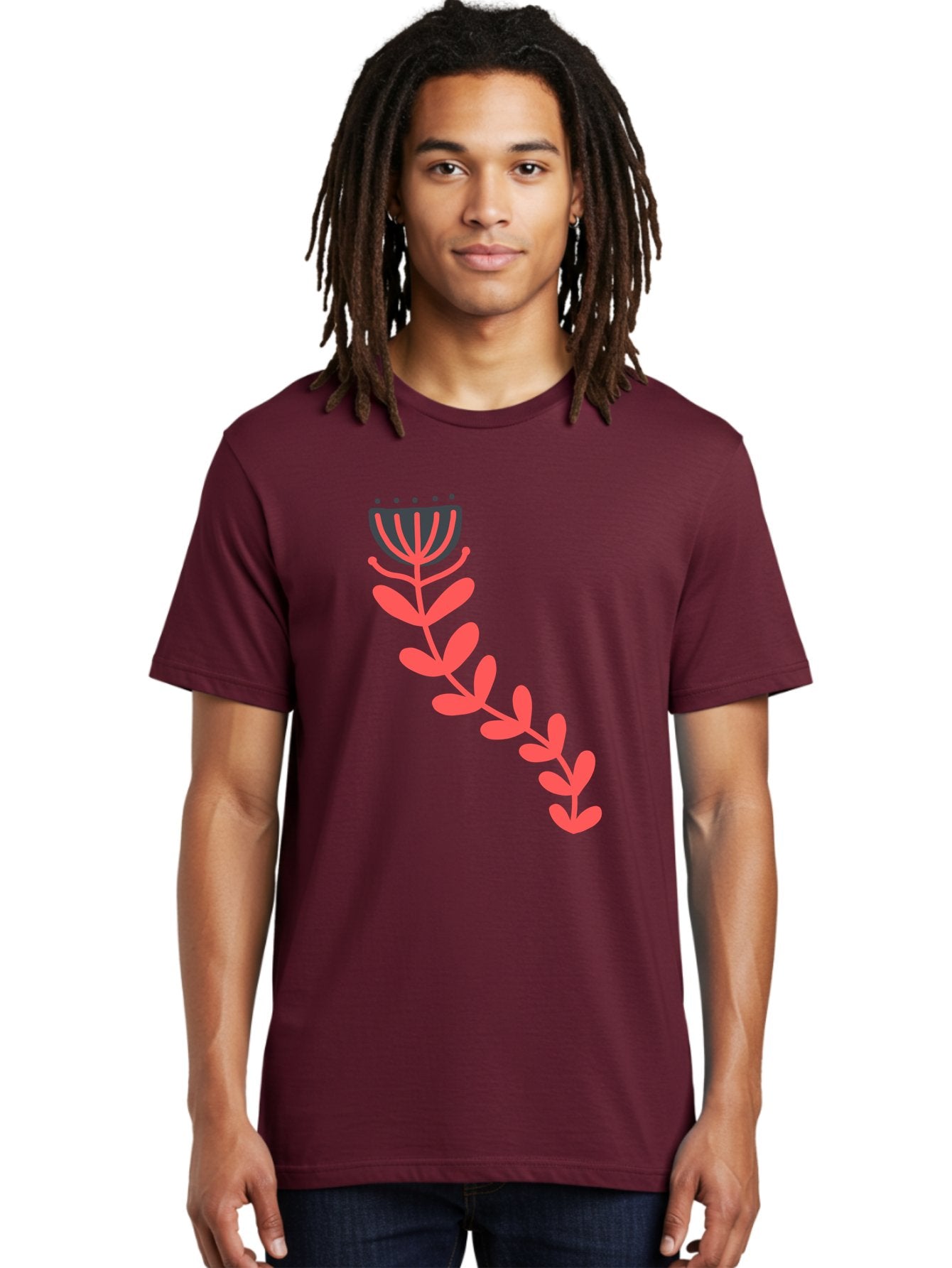 Flower-Illustration Men'S Graphic Tee, 100% Cotton, Comfortable Casual Summer Wear, Machine Washable, Stylized Tulip, Simple Design, Floral Pattern, Minimalist Art, Pink And Black, Leaves And Stem, Graphic Illustration, Modern Art Aab734 30