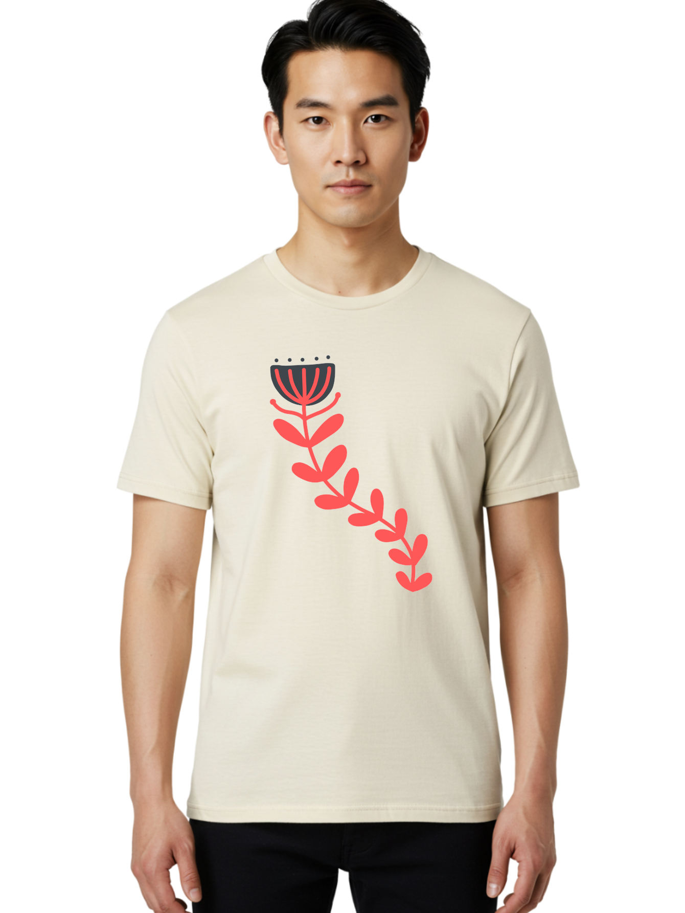 Flower-Illustration Men'S Graphic Tee, 100% Cotton, Comfortable Casual Summer Wear, Machine Washable, Stylized Tulip, Simple Design, Floral Pattern, Minimalist Art, Pink And Black, Leaves And Stem, Graphic Illustration, Modern Art Aab734 12