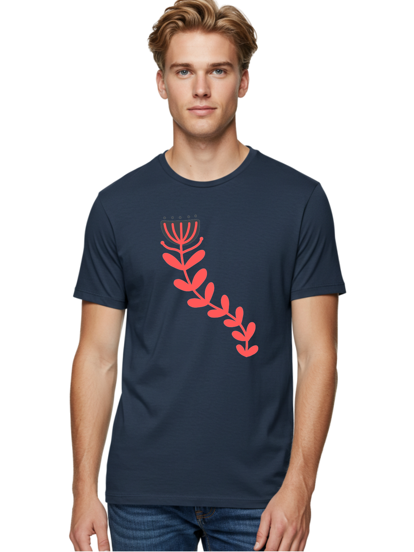 Flower-Illustration Men'S Graphic Tee, 100% Cotton, Comfortable Casual Summer Wear, Machine Washable, Stylized Tulip, Simple Design, Floral Pattern, Minimalist Art, Pink And Black, Leaves And Stem, Graphic Illustration, Modern Art Aab734 6
